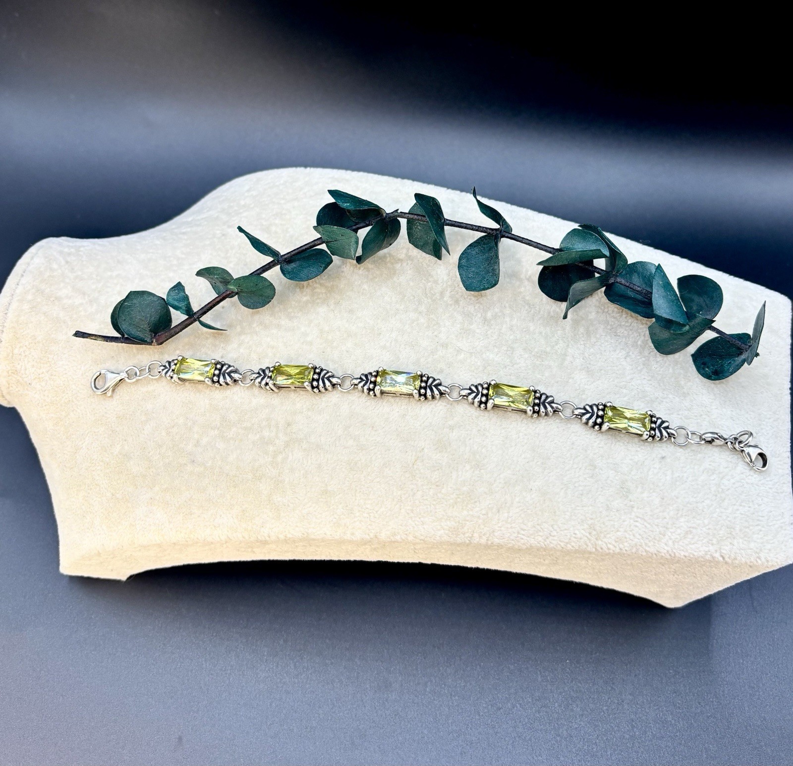 Vintage Sterling Silver 925 Lemon Lime Quartz Crystal Artisan Link Bracelet 6.5″