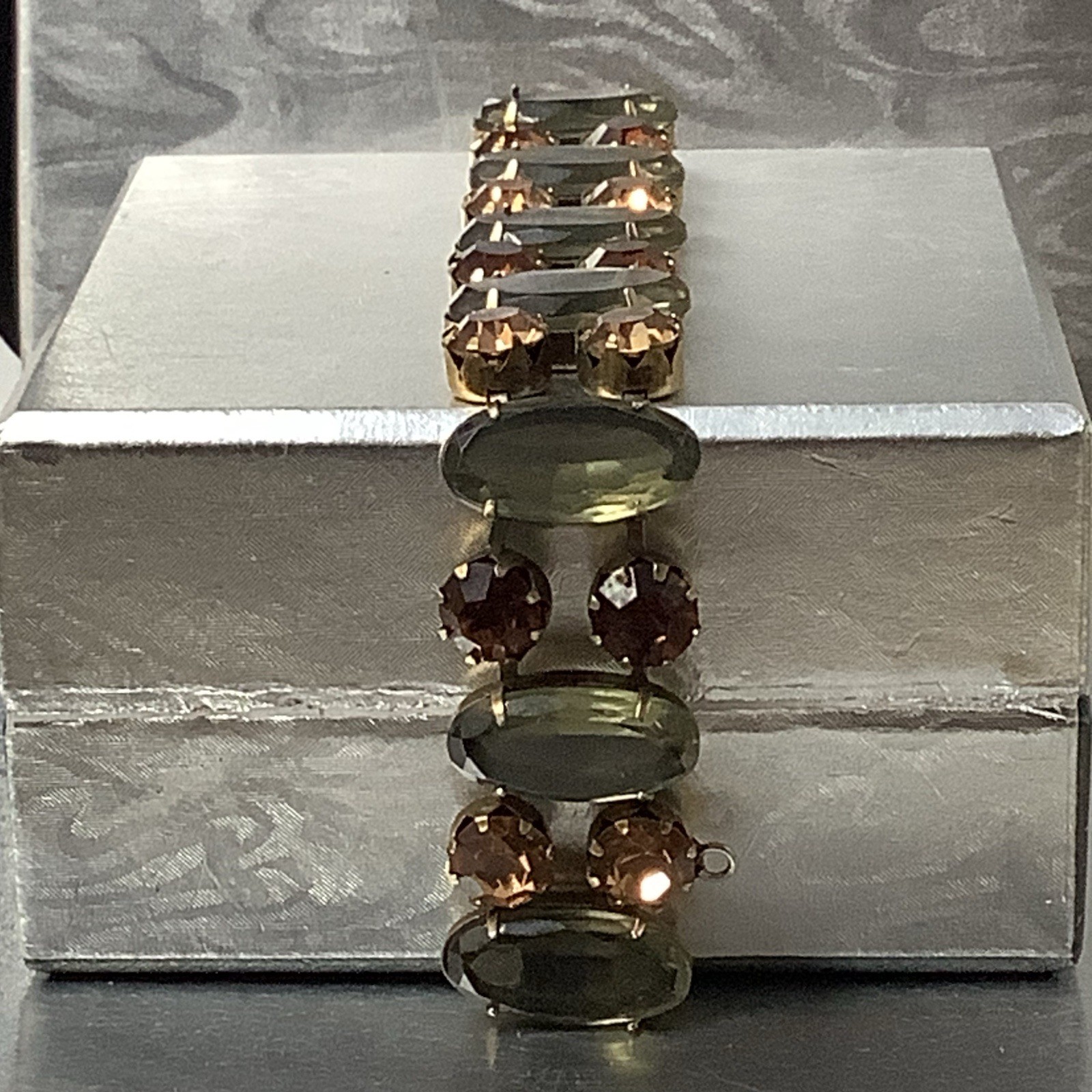 Vintage Signed Regency Golden Brown and Sage Green Crystal Bracelet 7″