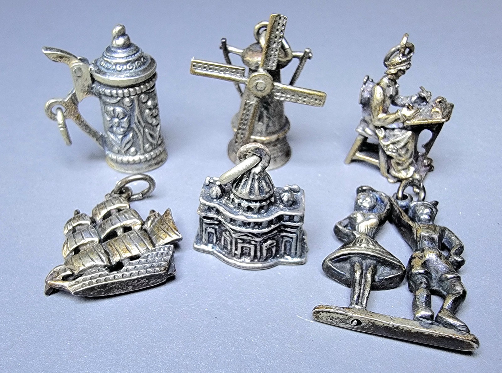 6 Vintage 835 Siver Articulated Charms Lacemaker Windmill Stein Dancers Capitol