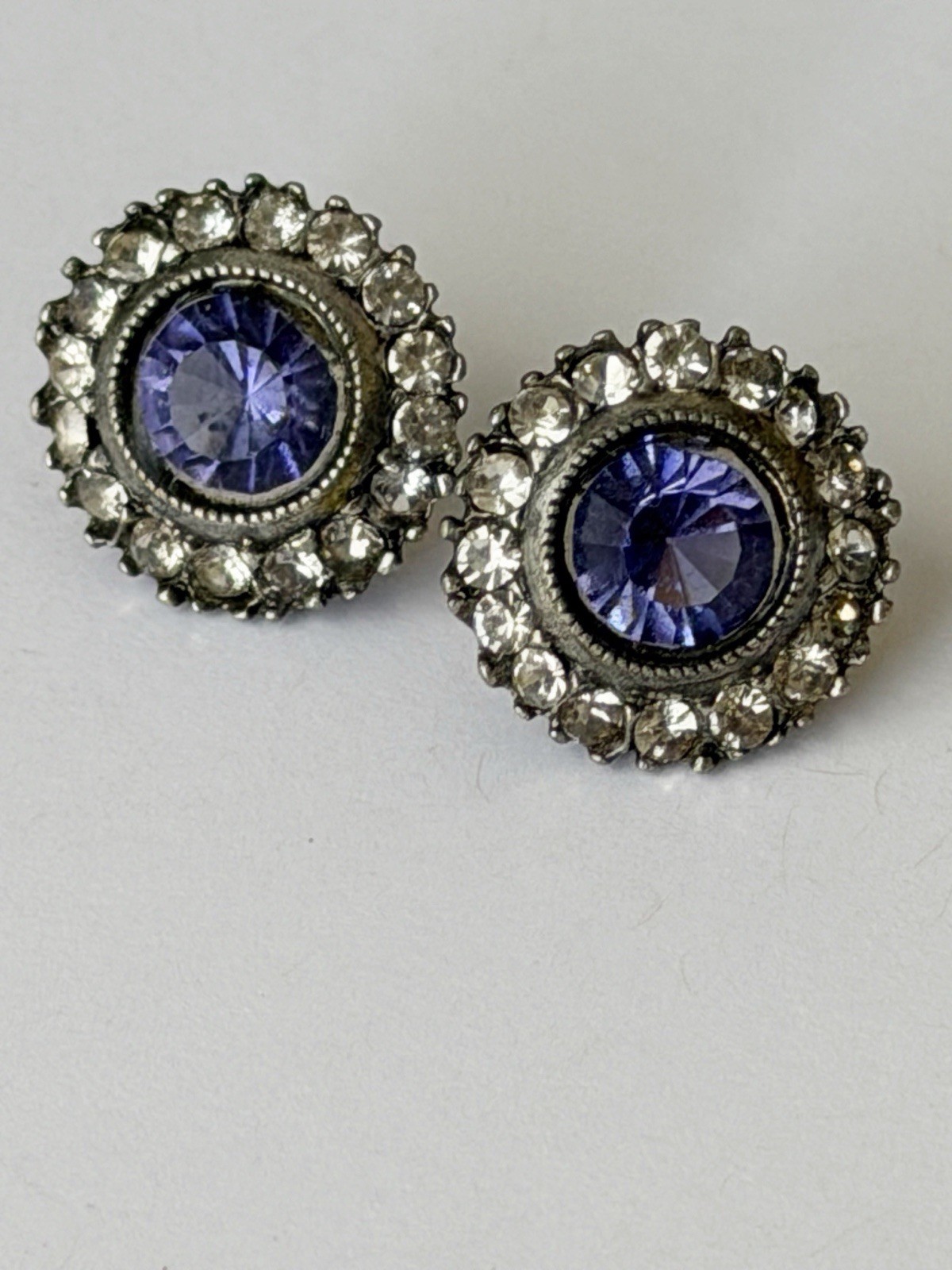 Vintage Purple Rhinestone Halo Stud Earrings, Silver Tone Round Faceted Crystal