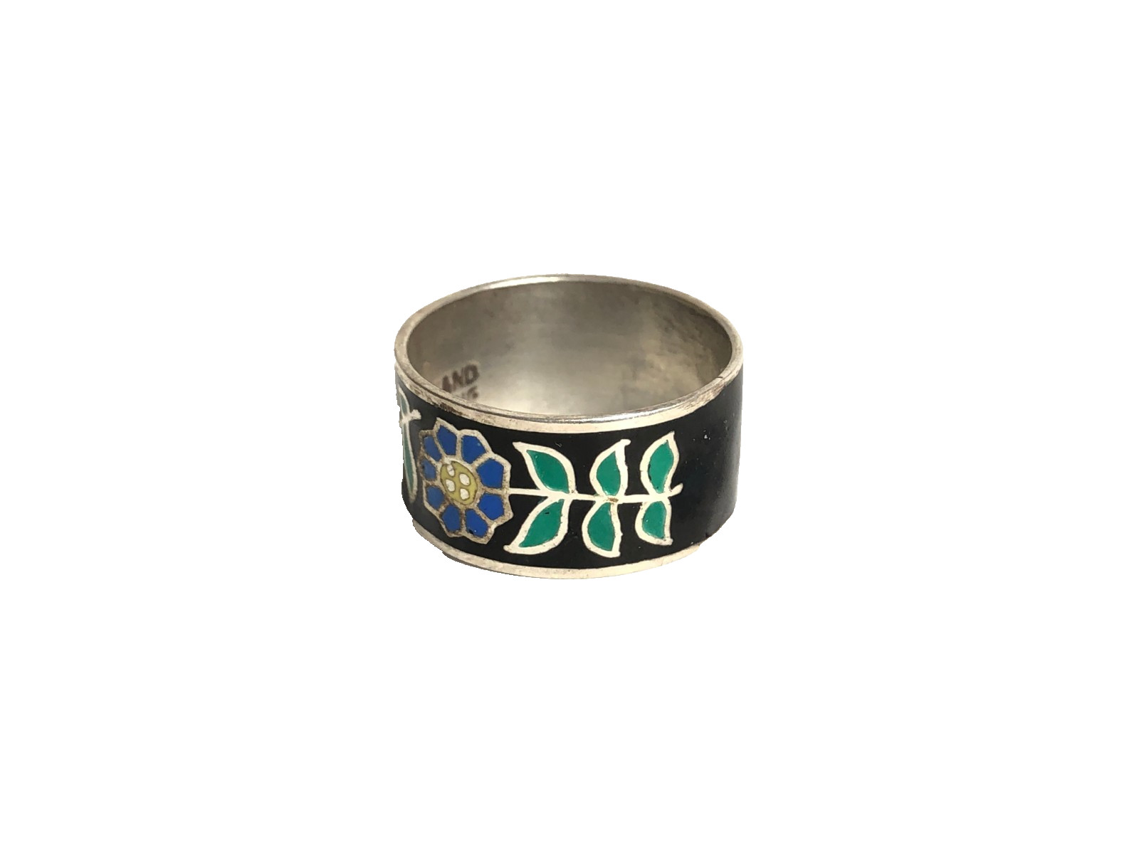 Siam Ring Band Enamel Cloisonne Heart Flower Sterling Silver Vintage NOS Sz 7.25