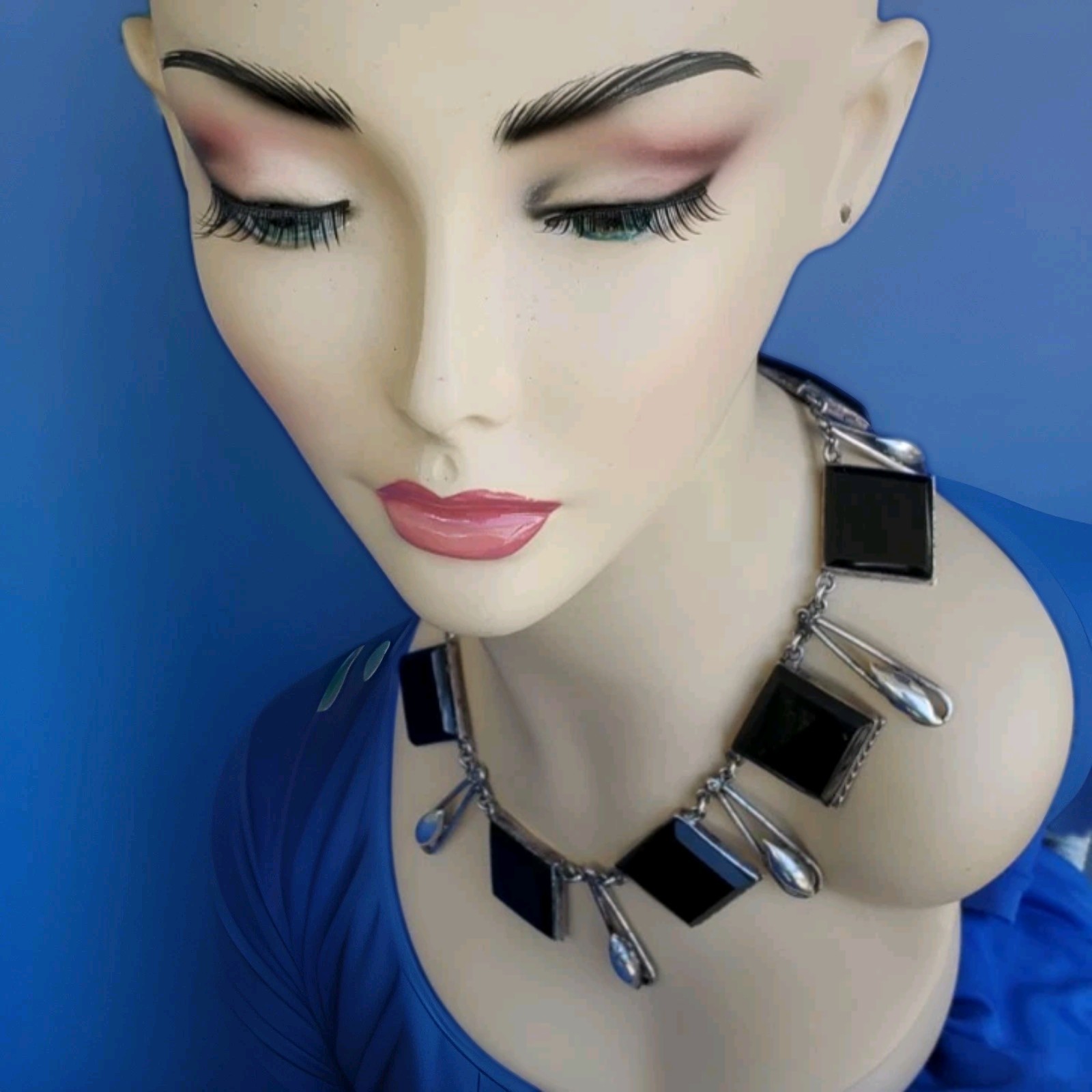 Original STERLING SILVER 925 Deco Onyx Modernist Necklace 186 Gr Vintage 18″ In