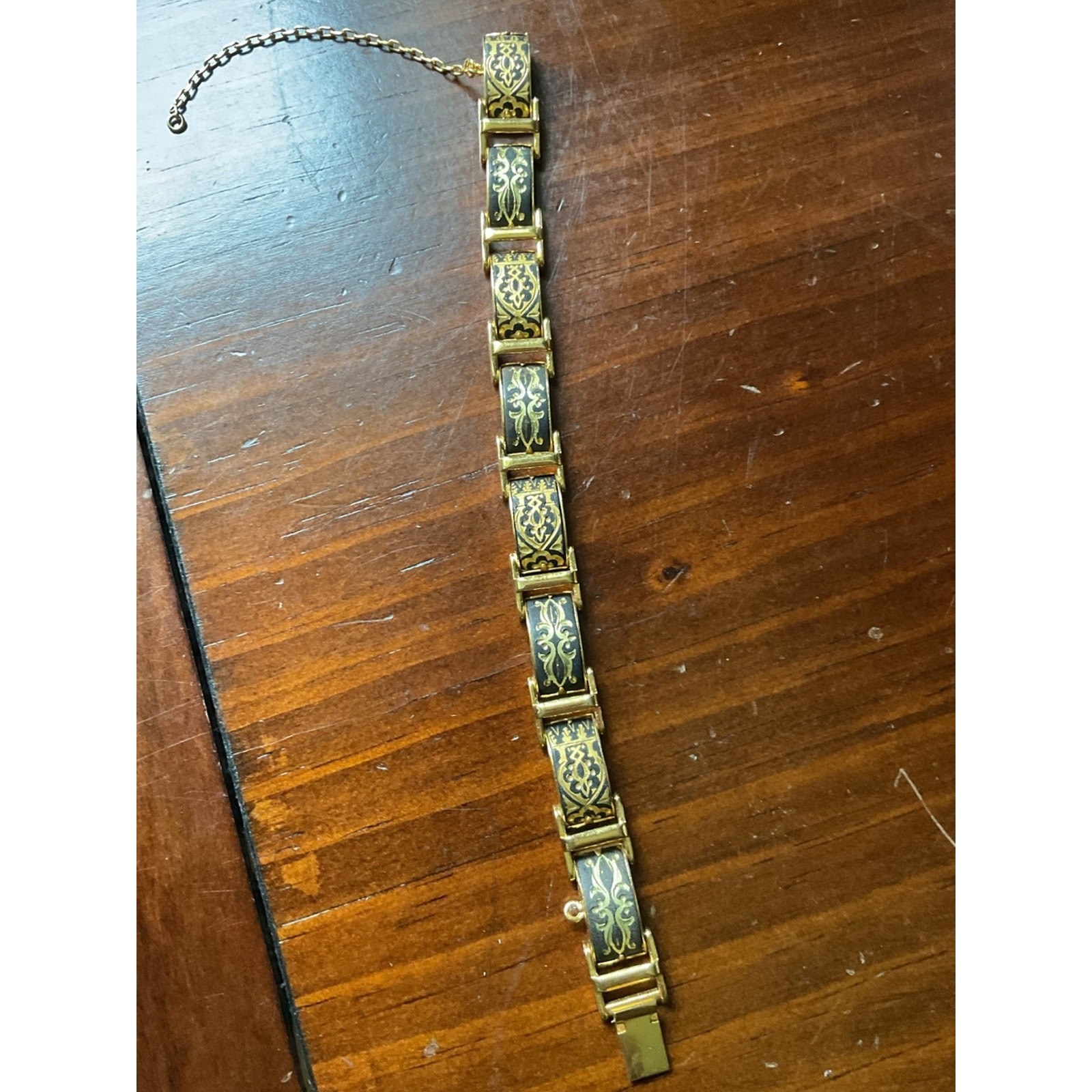 Vintage Damascene Linked Panel Bracelet Gold Tone 7.25” Repair Craft