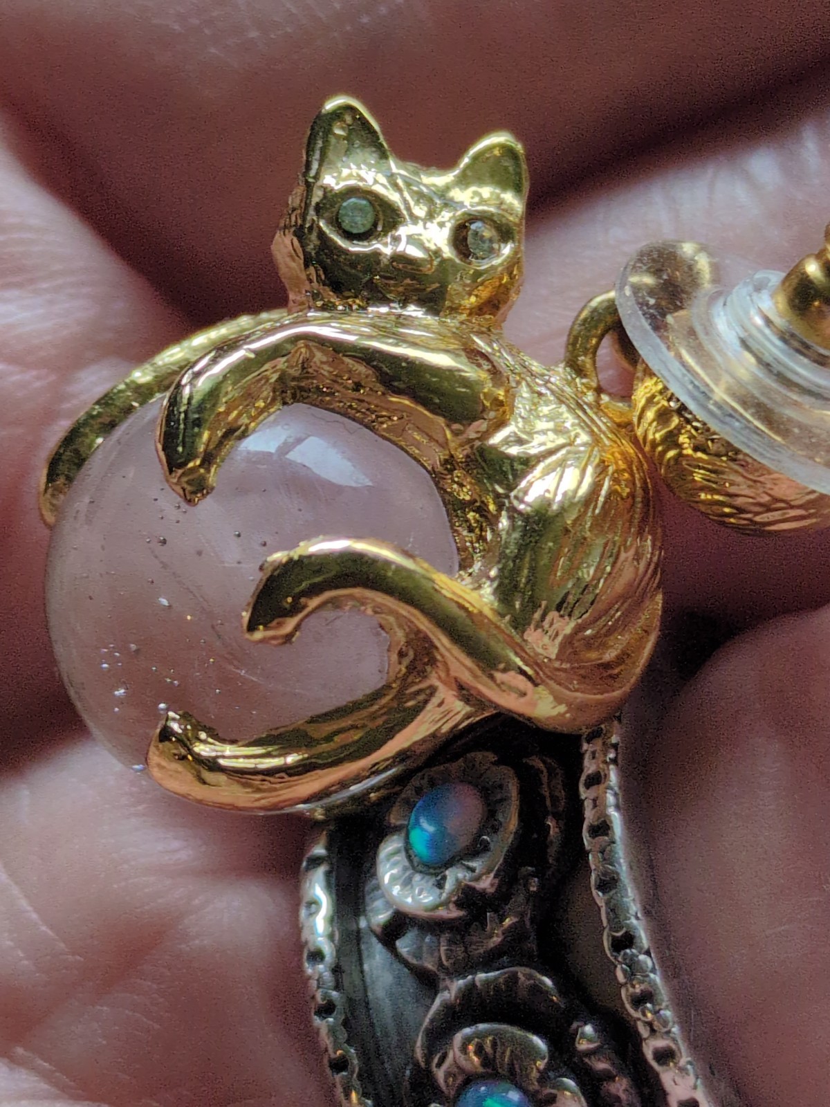 Vintage Cat Pool Of Light Gold Plate Earrings, Crystal Eyes