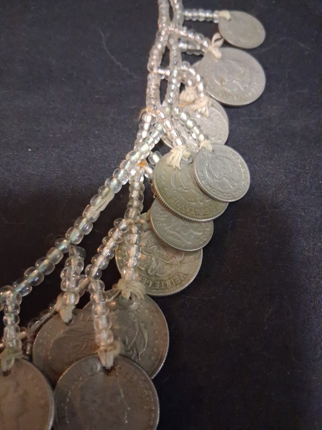 Coins From Around The World Necklace 1930s-60s Clear Beads String Custom Made