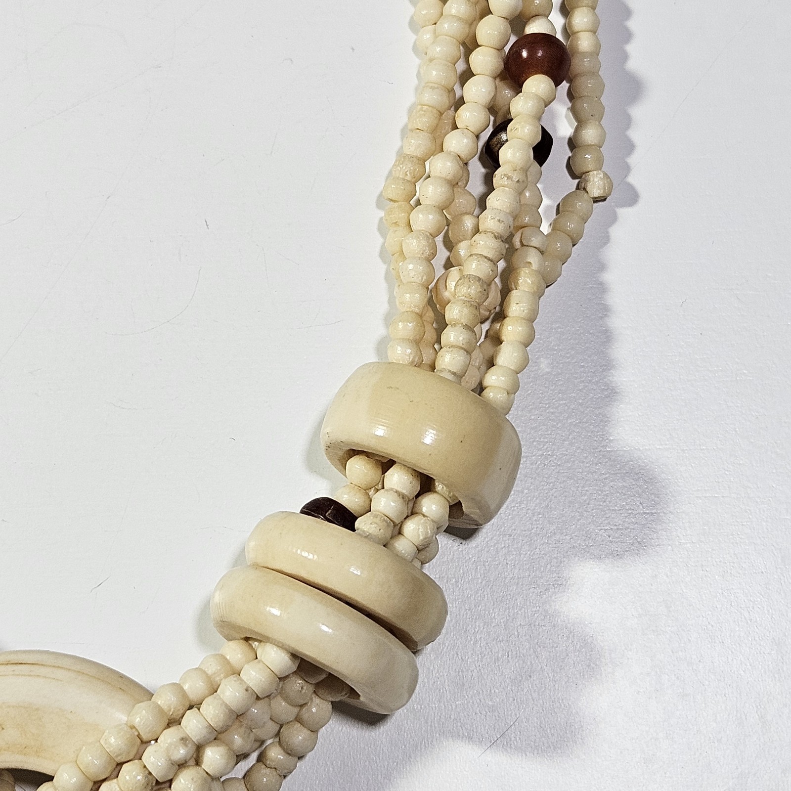 Vintage Hand Carved Bovine Bone Multi Strand Statement Necklace Pendant Boho