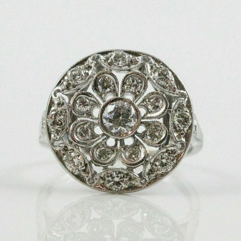 Art Deco Style Floral Round Lab Created Diamond 14K White Gold FN Wedding Ring
