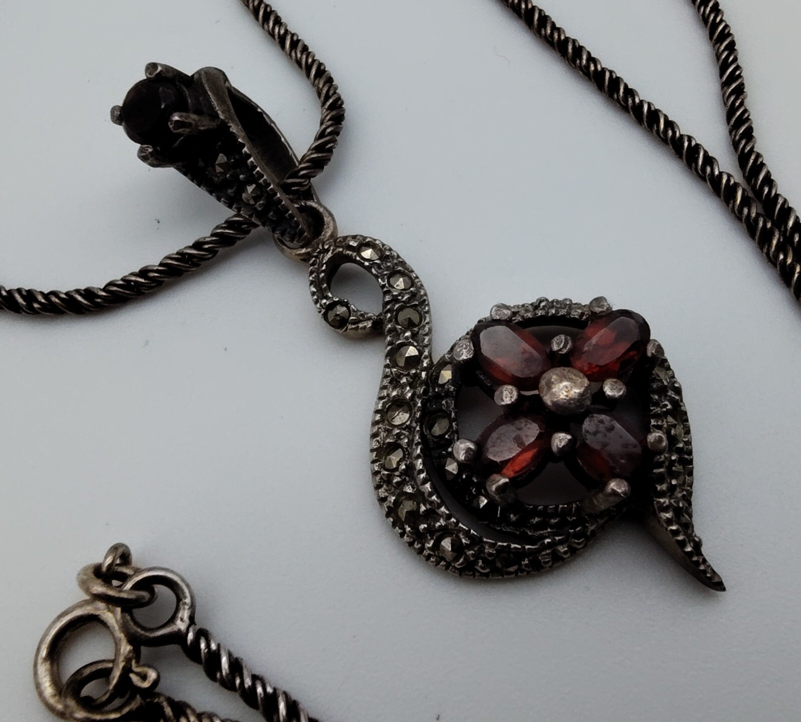 Vtg Garnet Color Marcasite Stones Sterling S. Fancy G Clef Pendant 925 Necklace