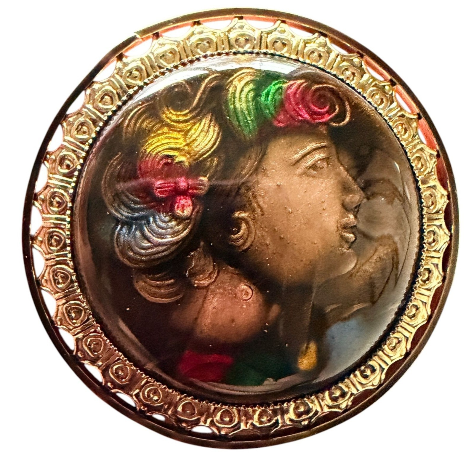 Vintage 1950s Reverse Carved Lucite Renaissance Lady Brooch New Old Stock