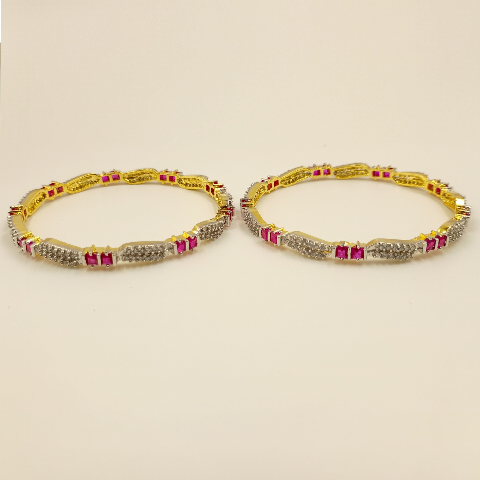 Designer Ruby & Cubic Zirconia Bangle Set Handmade 22K Gold Plated Ethnic Style