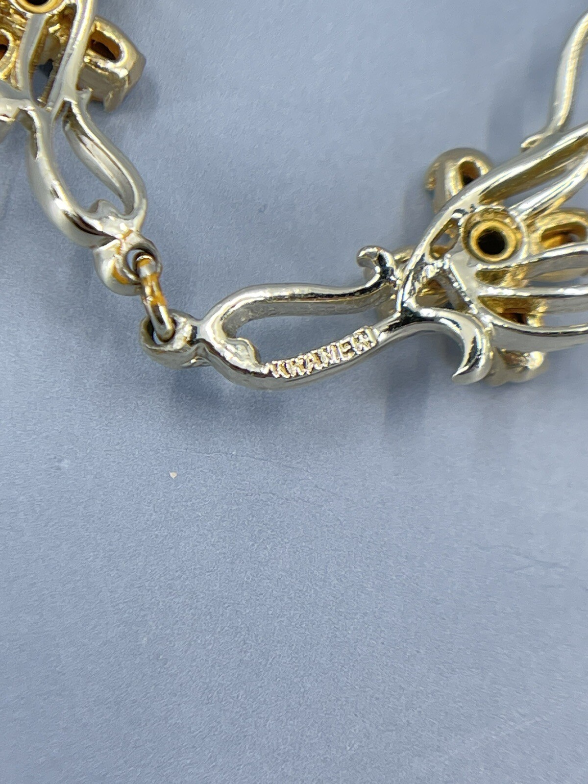 Kramer Flower Necklace Choker multi colored Rhinestones gold tone 15″