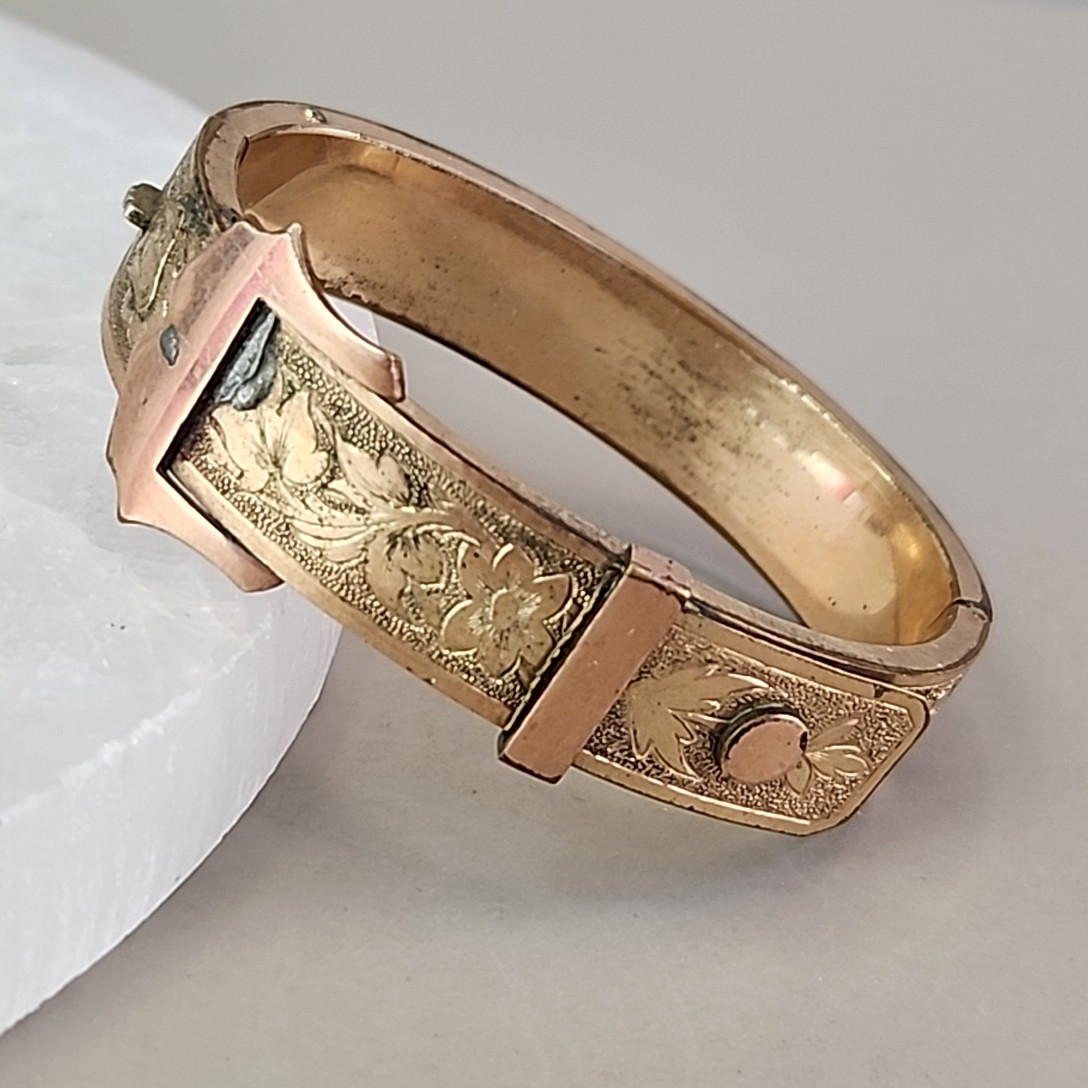 Antique B & B Victorian Belt Bracelet Hinged Buckle Etched Gold Filled 5.75″