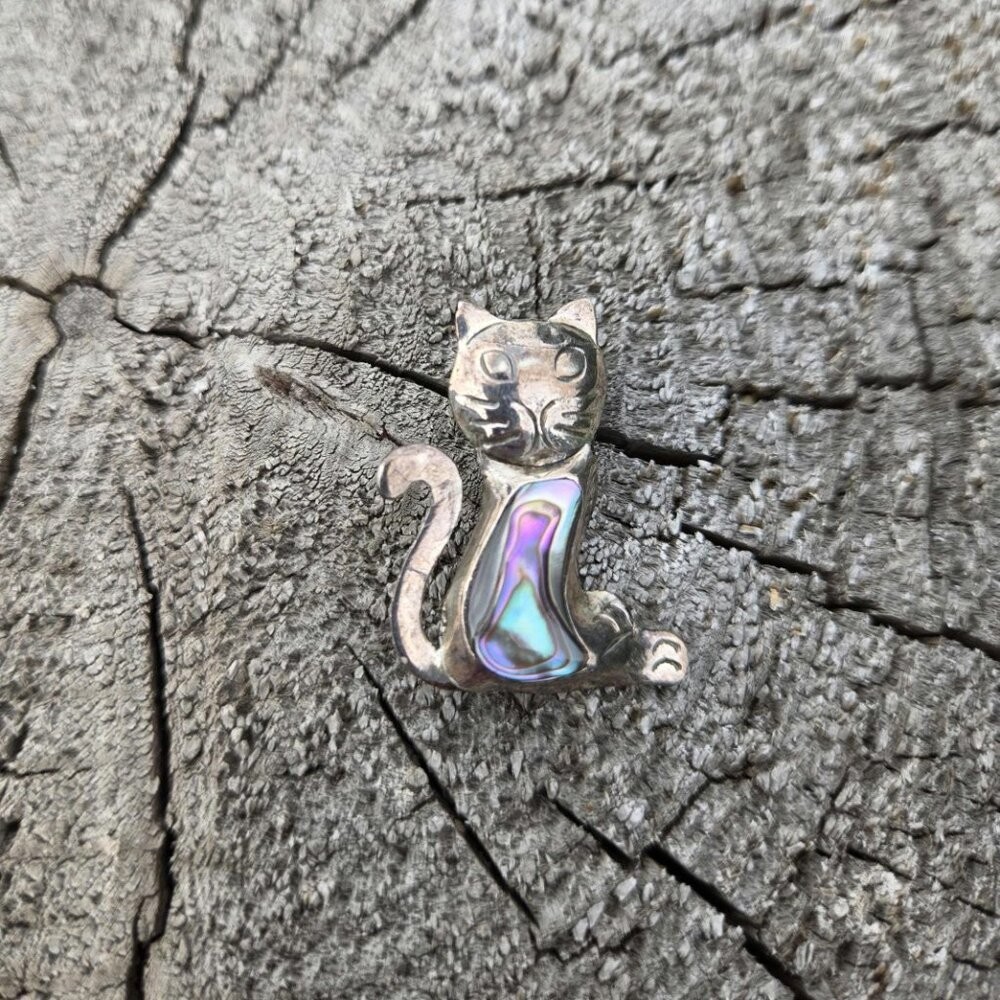 Taxco Cat Brooch Pin Abalone Shell Sterling Silver Vintage Jewelry Cute Retro
