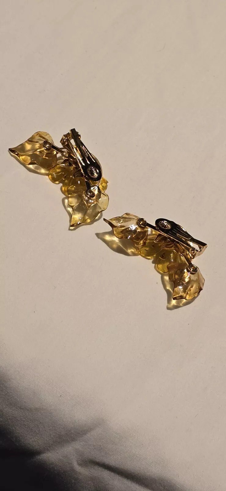 Golden Clear Mid-Century Dogwood Ear Climber Clip On Acetate Earrings#D2021