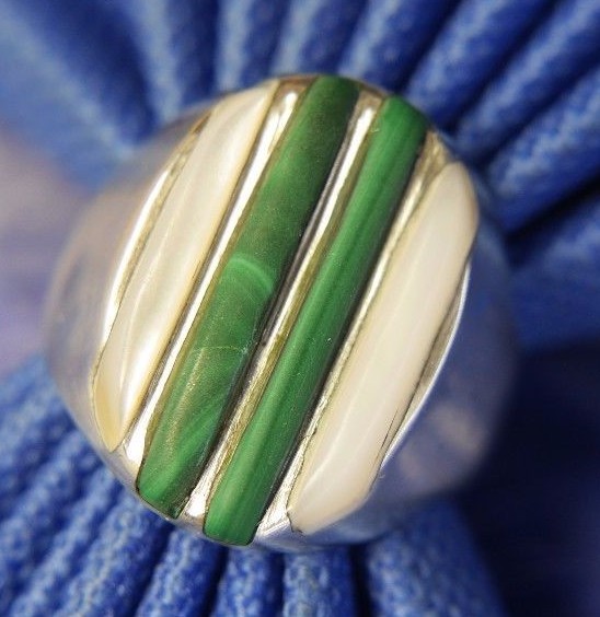 Men’s Vintage 3/4″ Mom of Pearl Malachite Sterling Silver 0.925 band Ring size 9