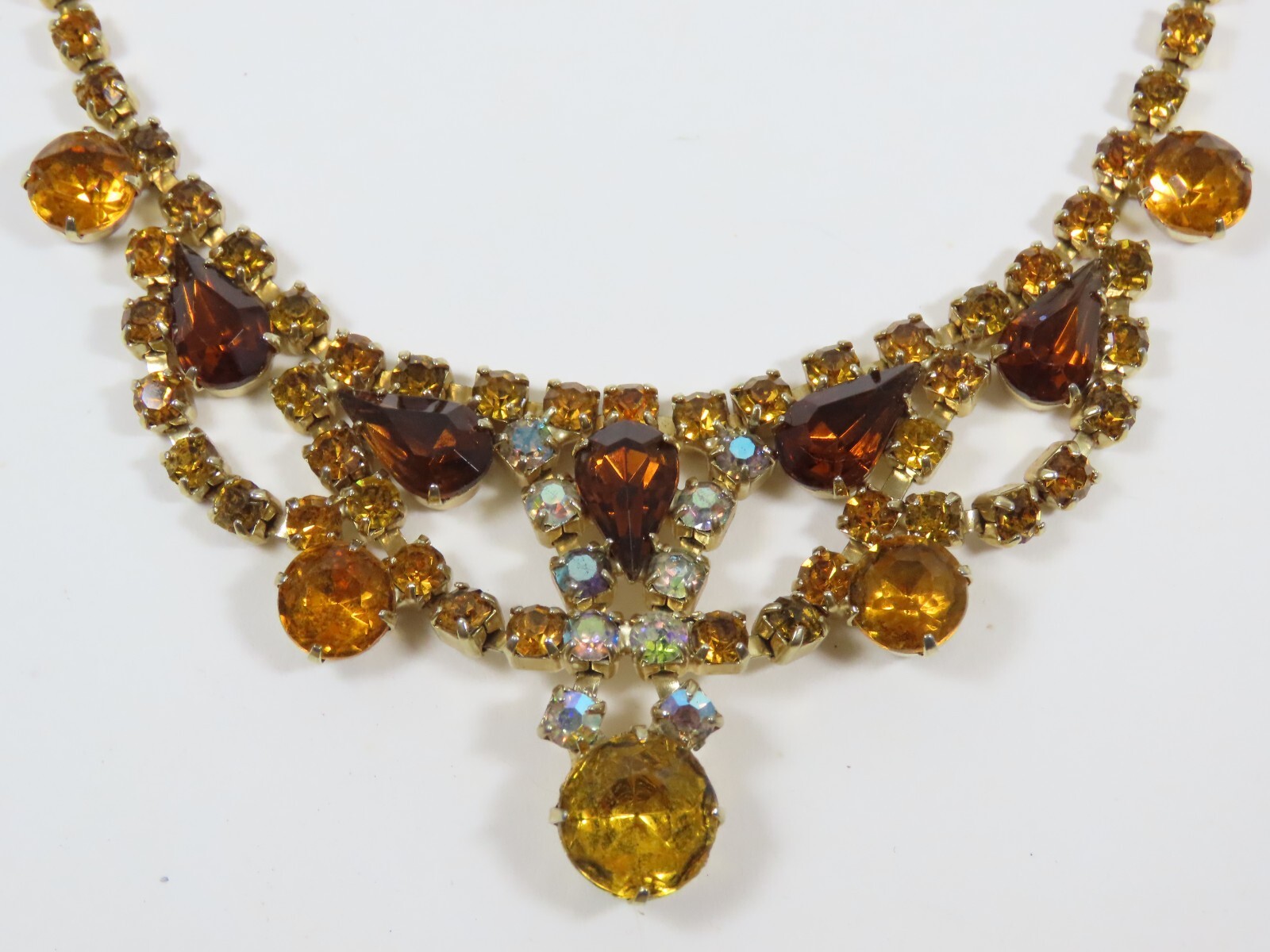 Rhinestone Necklace Golden Amber Brown Topaz AB Crystal VTG Exquisite D1652