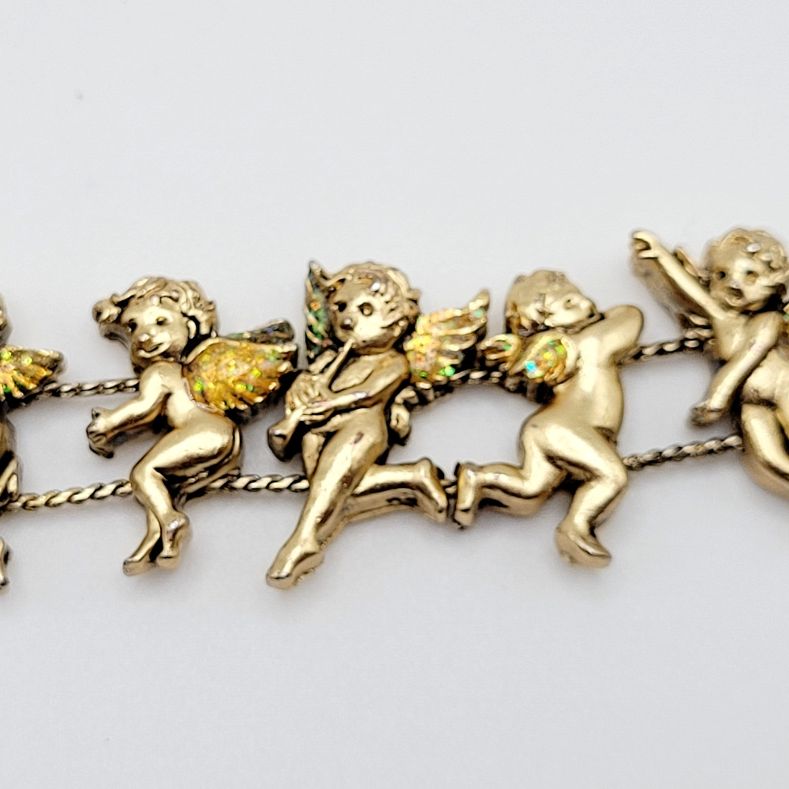 Cherub Angels Iridescent Glitter Wings Gold Tone Vtg Slide Bracelet 7.5 Inch