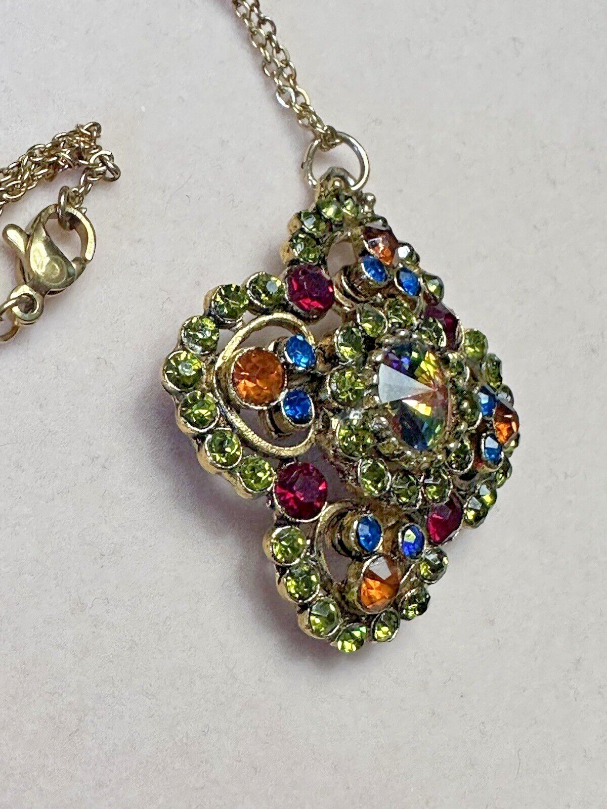 VTG EDLEE Gold Tone Watermelon & Multicolor Rhinestone Cross Brooch Pin Pendant