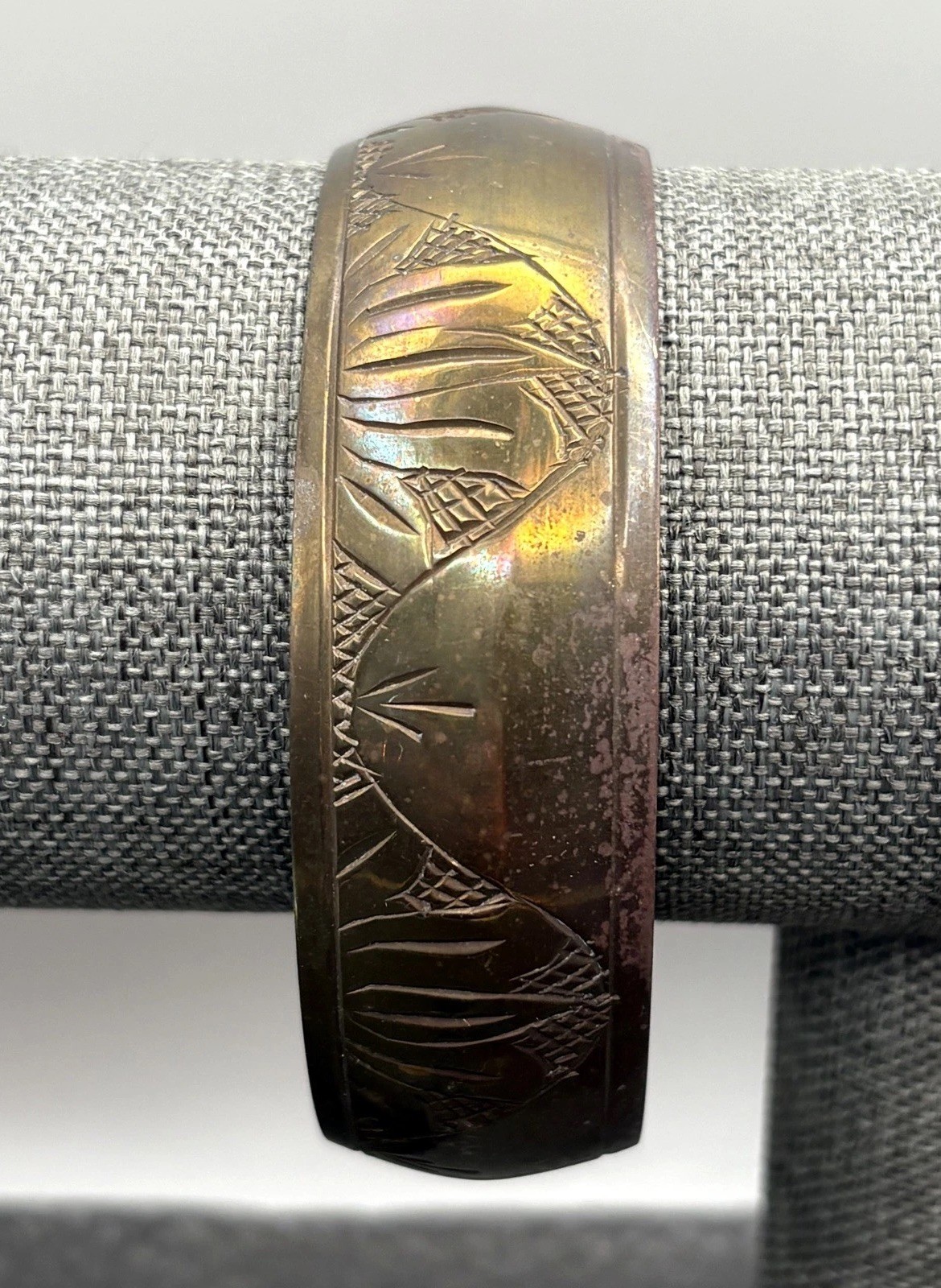 Vintage Brass Tone Plated Bangle Bracelet Wide Engraved Ethnic Boho Bohemian
