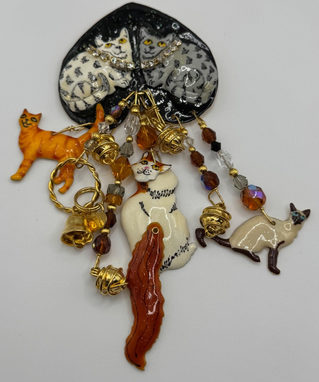 Lunch At The Ritz Cat Rhinestone Enamel Dangle Brooch