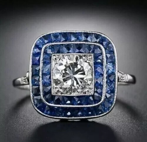 2.56Ct Art Deco Lab Created Diamond & Sapphire Engagement 14K White Gold FN Ring