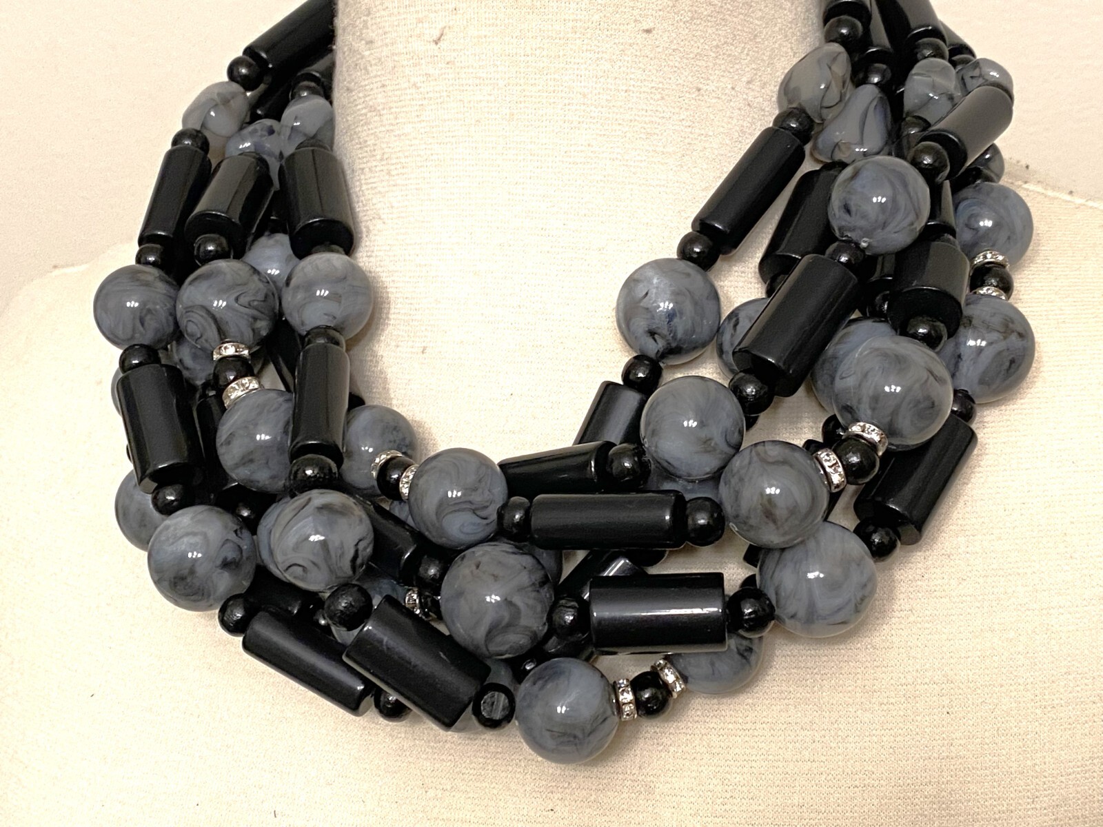 Gorgeous Marbleized Gray Resin & Acrylic Black Tubular Beads Six Strand Necklace