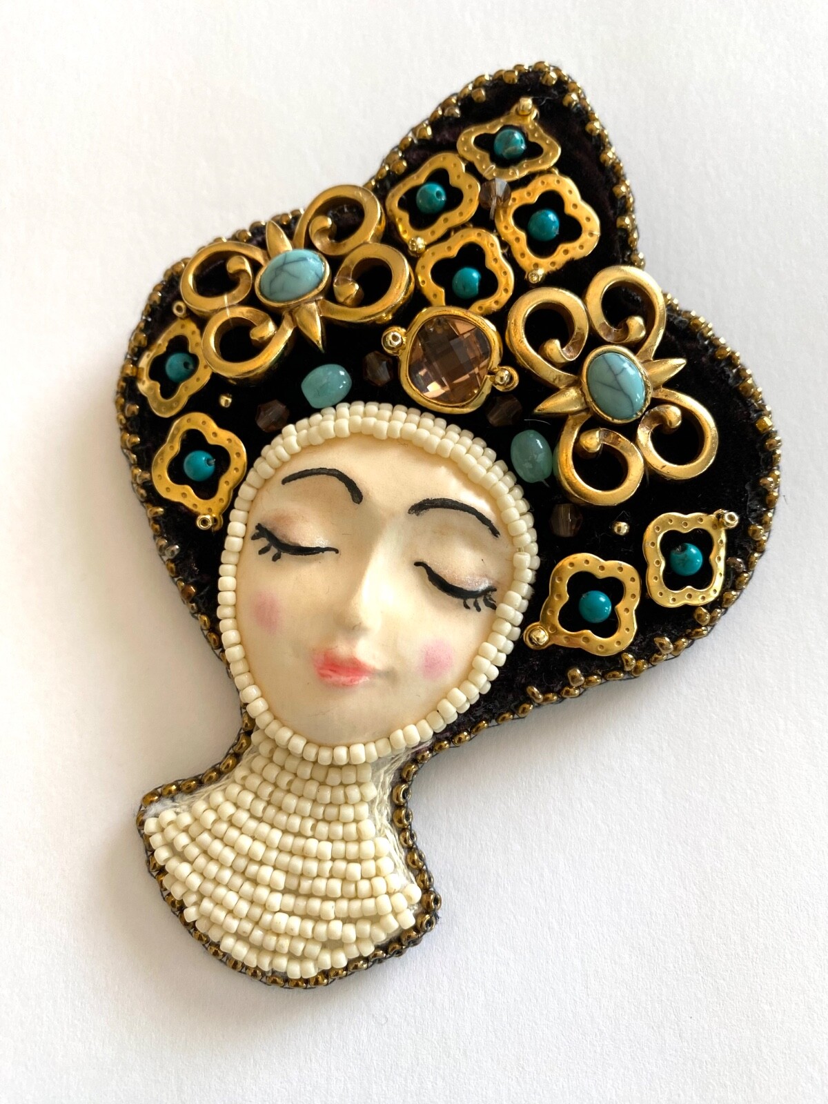 Brooch Art Doll Princess Beaded Turquoise