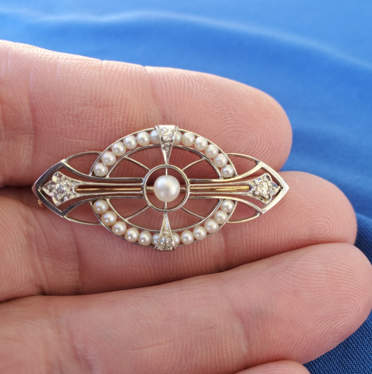 Original EARTH MINED DIAMOND Deco Brooch Gatsby era Vintage Pearl SOLID 14K GOLD