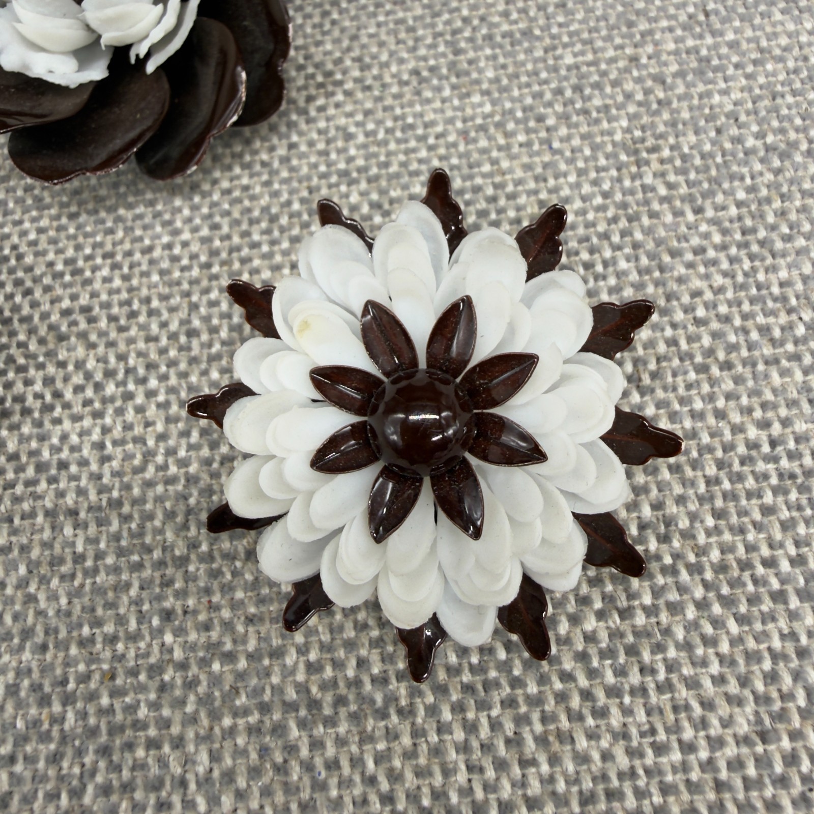 Vintage Flower Brooch Earrings Set Enamel Acrylic Brown White Clip Ons