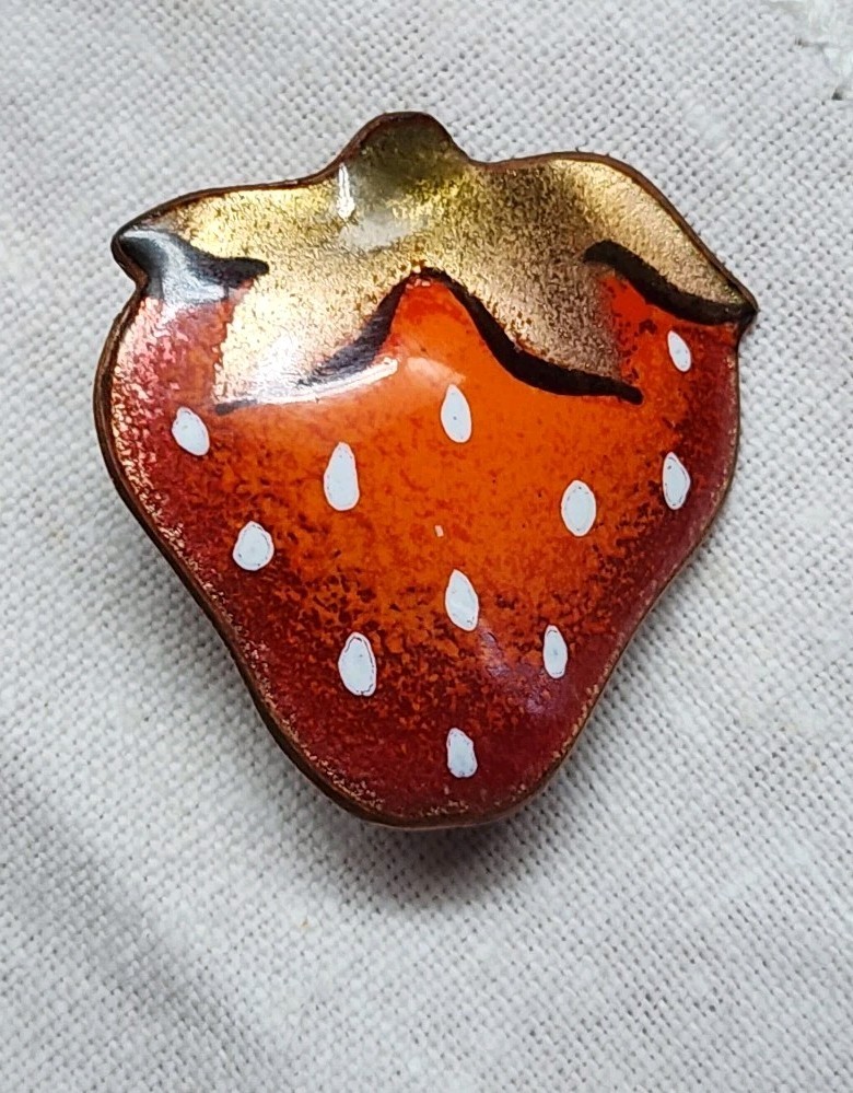 MCM Red Strawberry Enamel Copper Pin Brooch Signed Nanci RARE