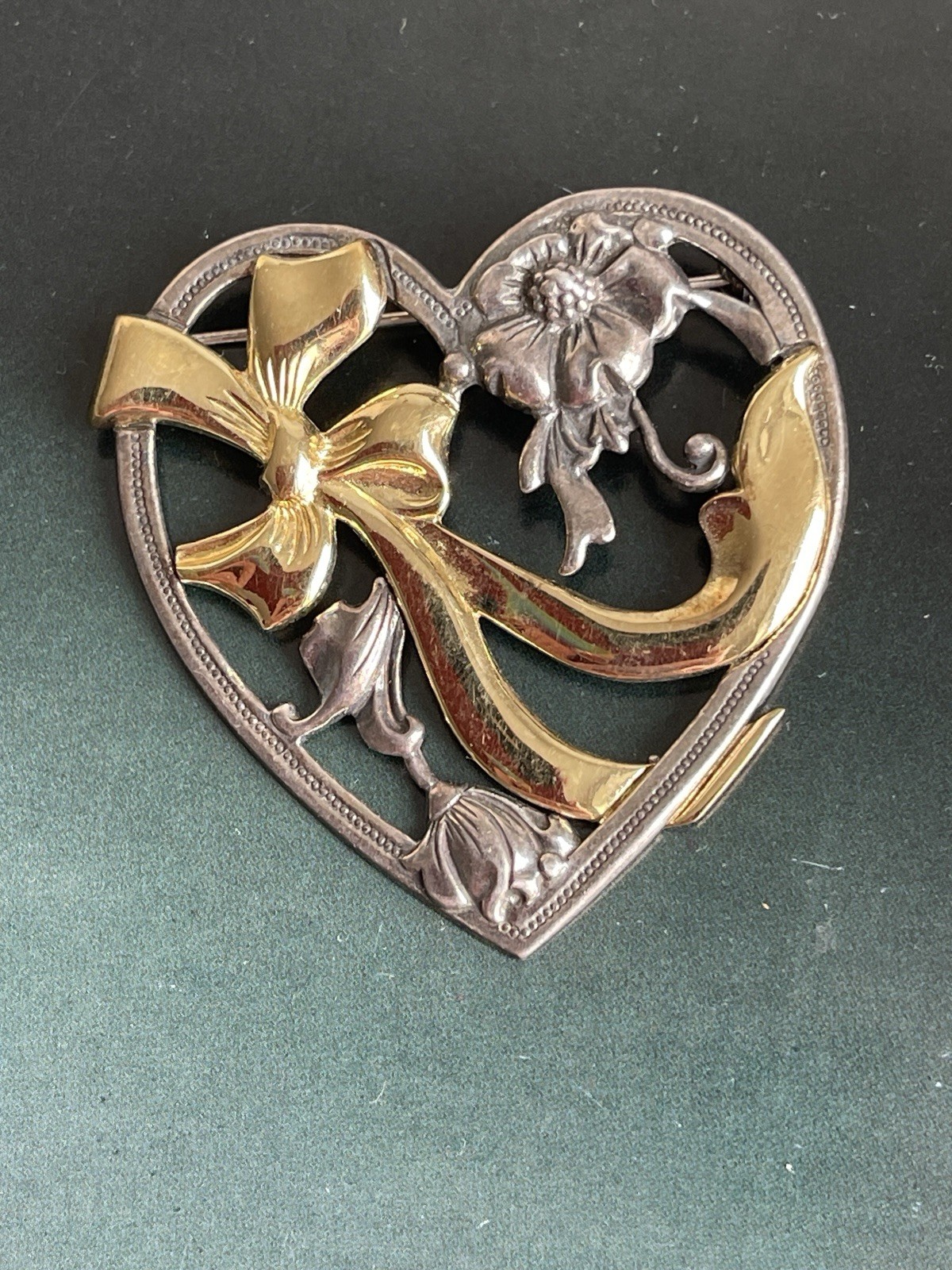 Vintage Sterling Silver&Gold Vermeil Heart 925 Brooch