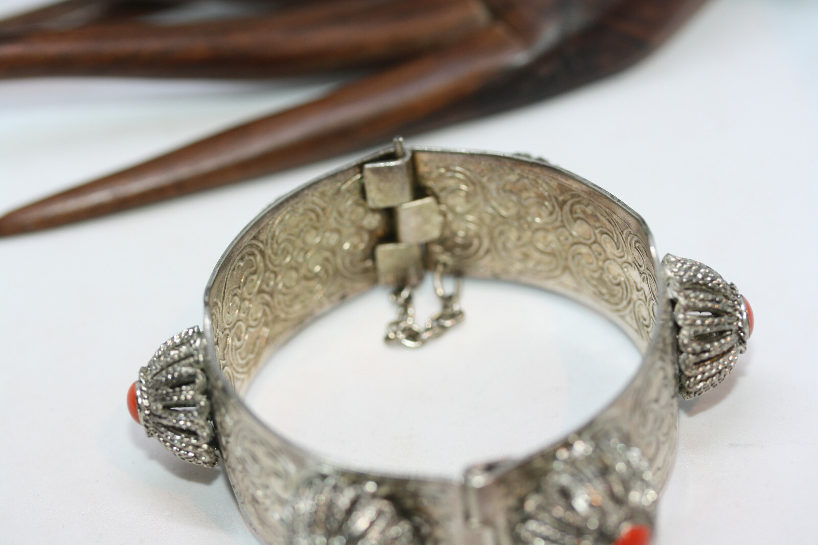 Vintage Silver Alloy Metal Ladies Jasper Bangle 20MM Wide Bracelet 7″ Heavy 64Gr