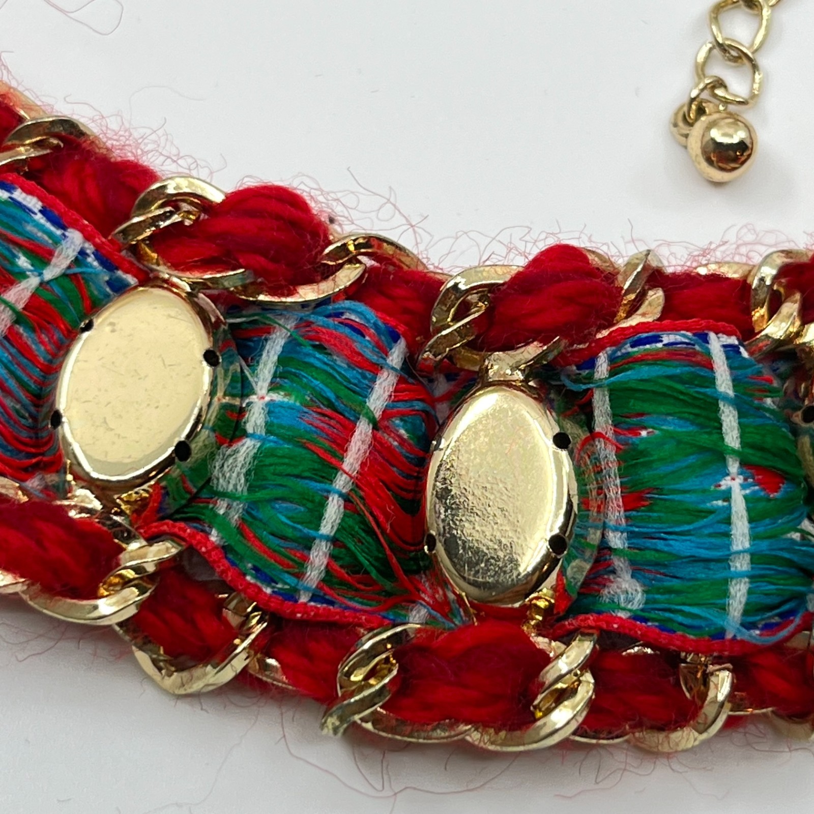 VTG Boho Red Woven Chain Collar Necklace Blue Rhinestone Floral Ribbon Statement