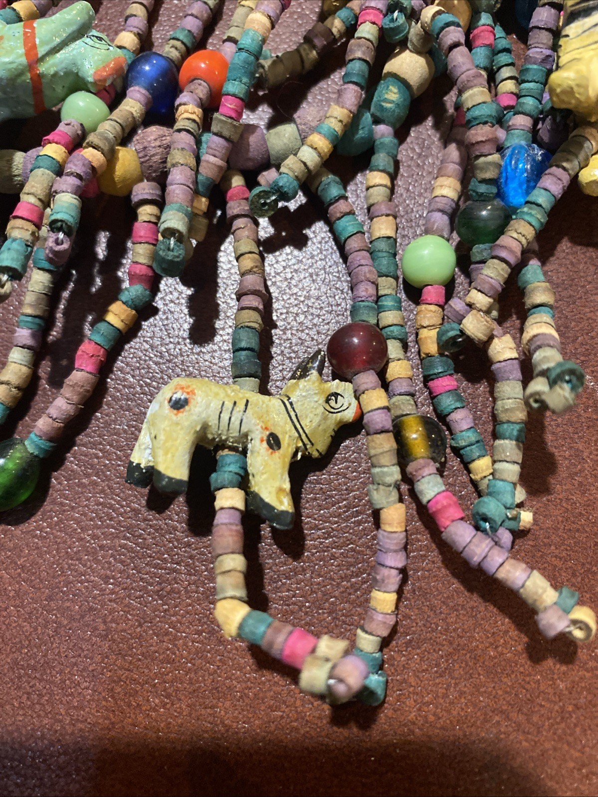 BOHO African Multi Strand Statement Necklace Wooden Carved Animals Fringe Beads