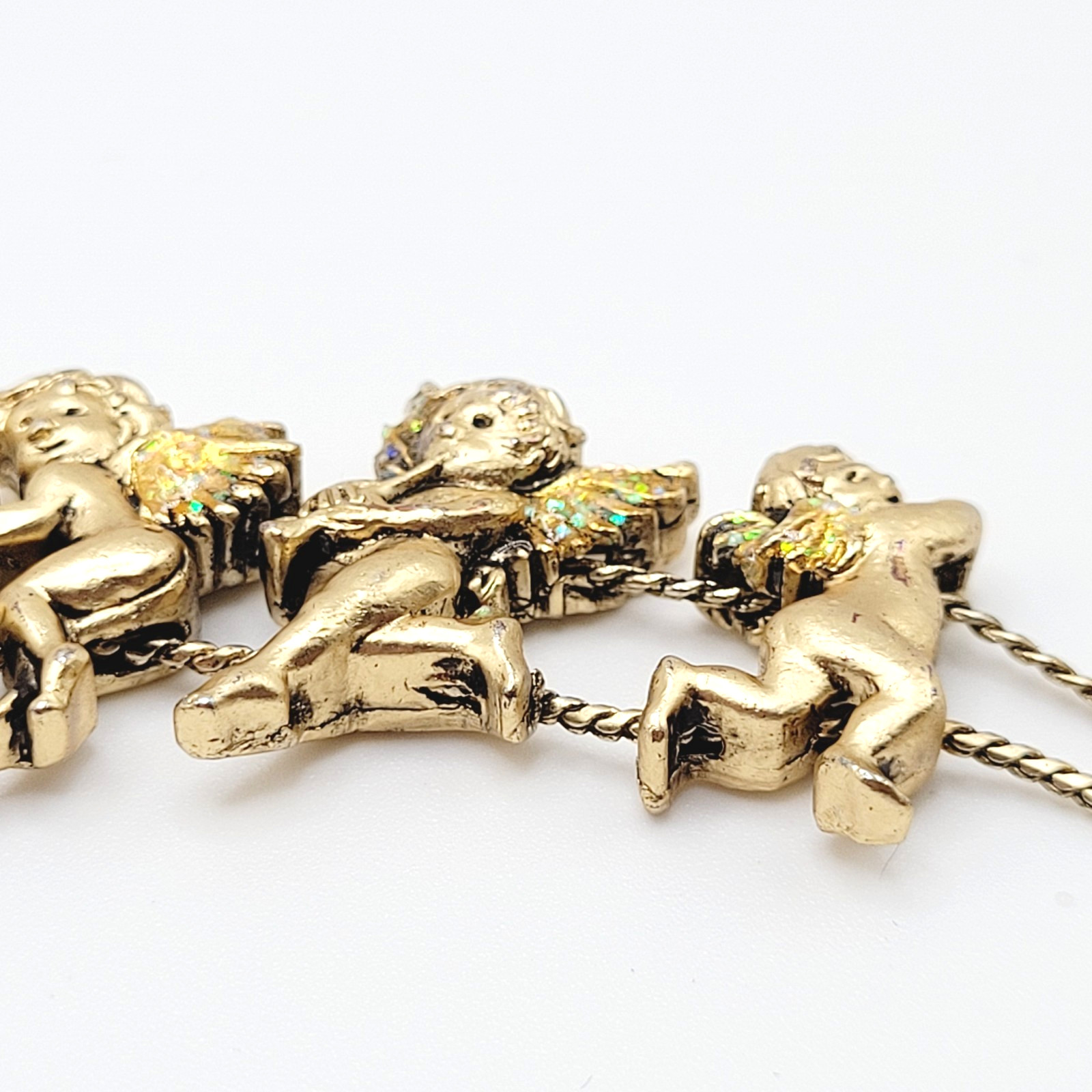 Cherub Angels Iridescent Glitter Wings Gold Tone Vtg Slide Bracelet 7.5 Inch