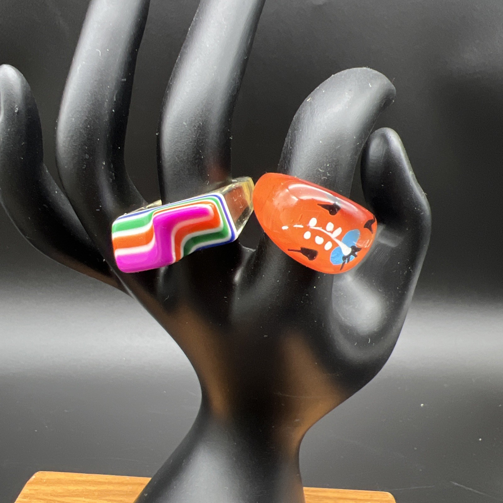 Acrylic/Resin Rings/Multi Stripe (8) and Orange w/Floral Design (9) /70s Style