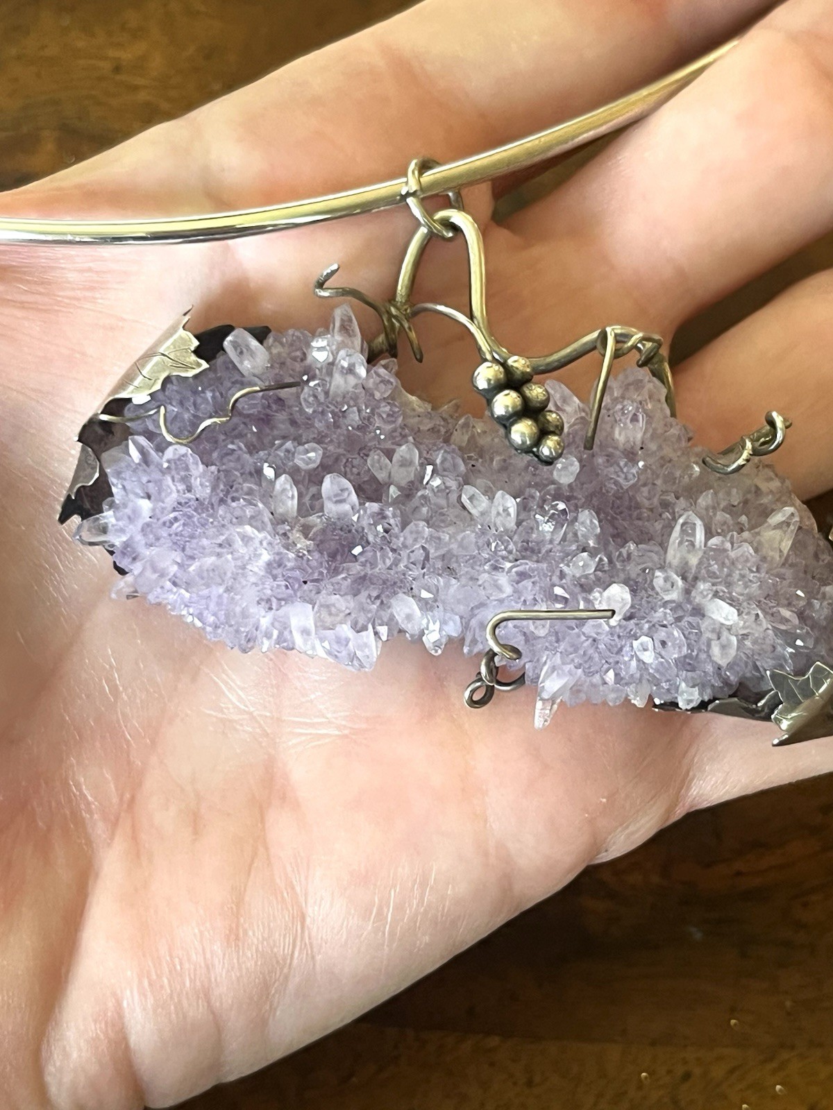 Vtg Arthur King Era MCM Brutalist Sterling Amethyst Druzy Statement Necklace