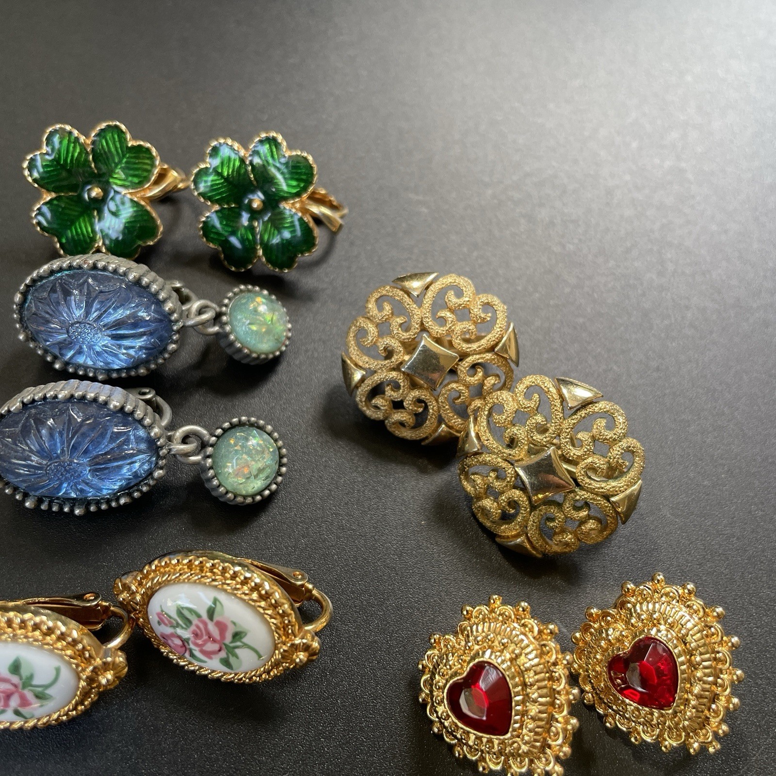 AVON Clip On Earring 10 Pair Lot All Signed Gold and Silver Tone Heart Clover