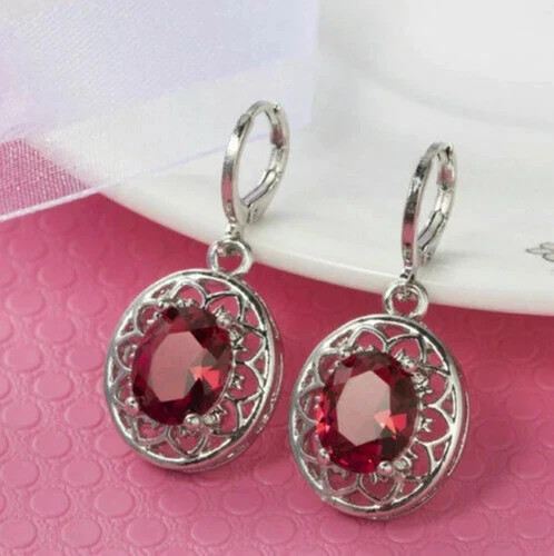 Art Deco Oval Cut Red Garnet Retro Floral 925 Silver Earrings Gift for her