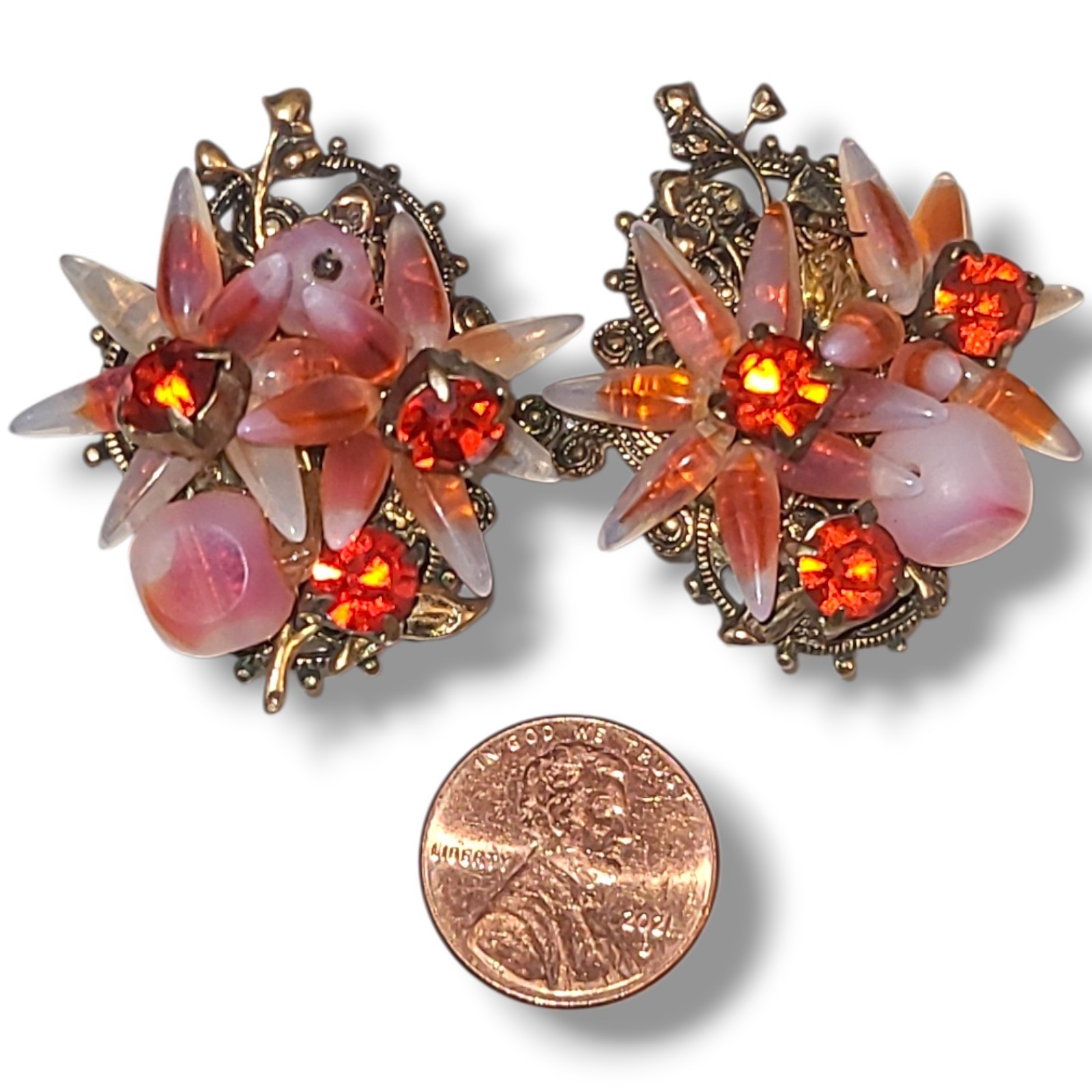 Vintage Opaline Glass Pink Orange Rhinestone Floral Cluster Clip On Earrings