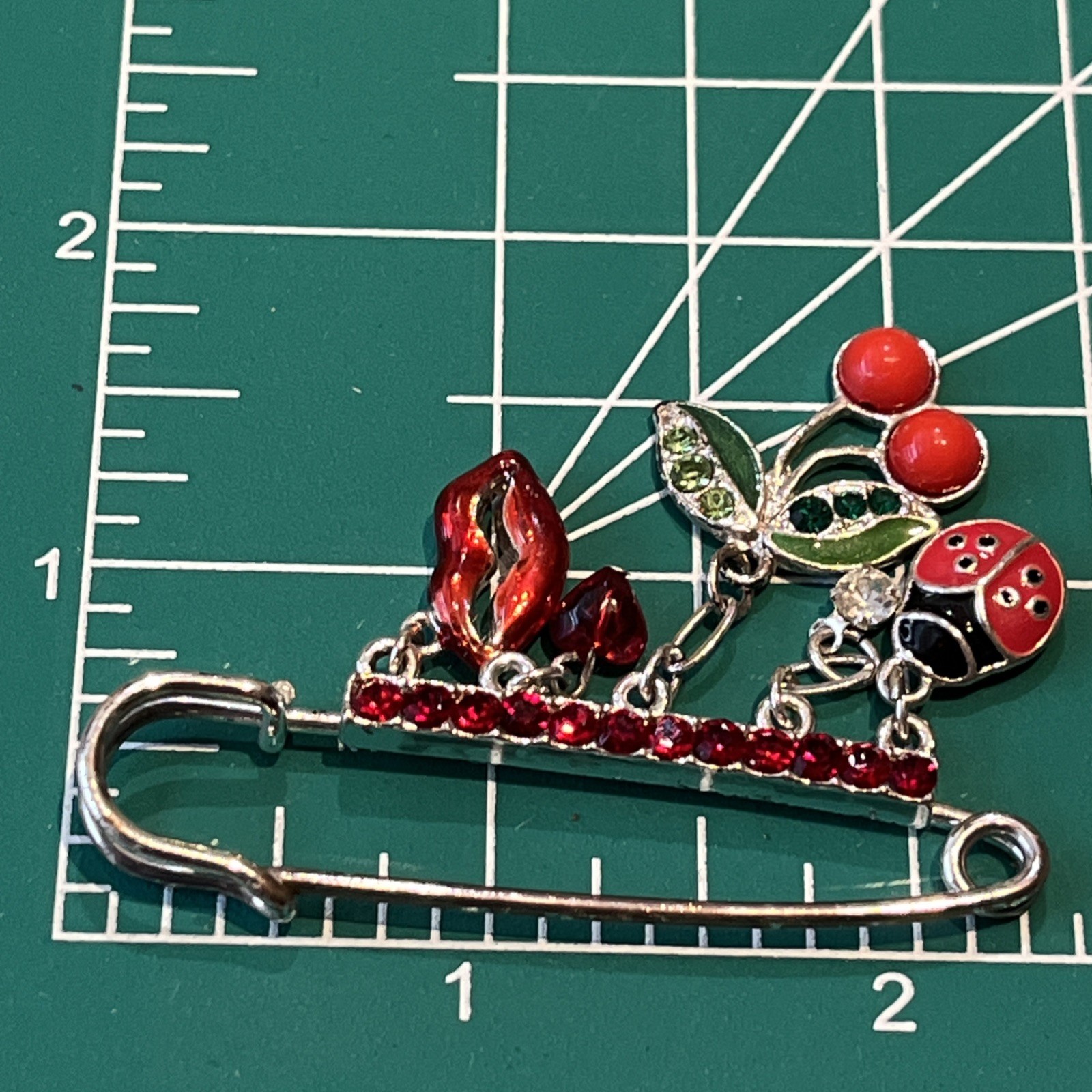 Vtg Lucky Charm Safety Pin Brooch Lips Heart Cherries Ladybug Nature Love & Luck
