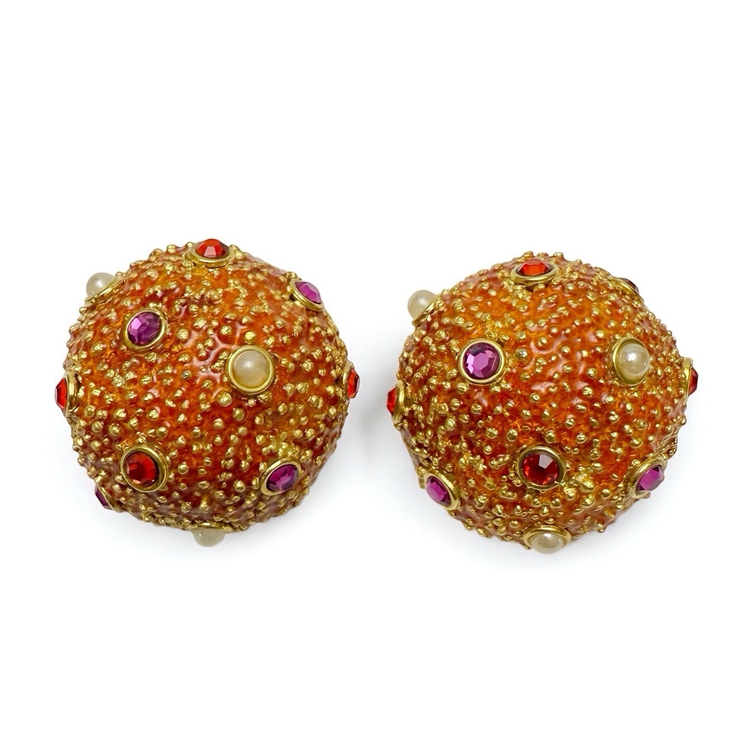 Vintage Sea Urchin Beachy Enamel Rhinestone Faux Pearl Round Clip On Earrings