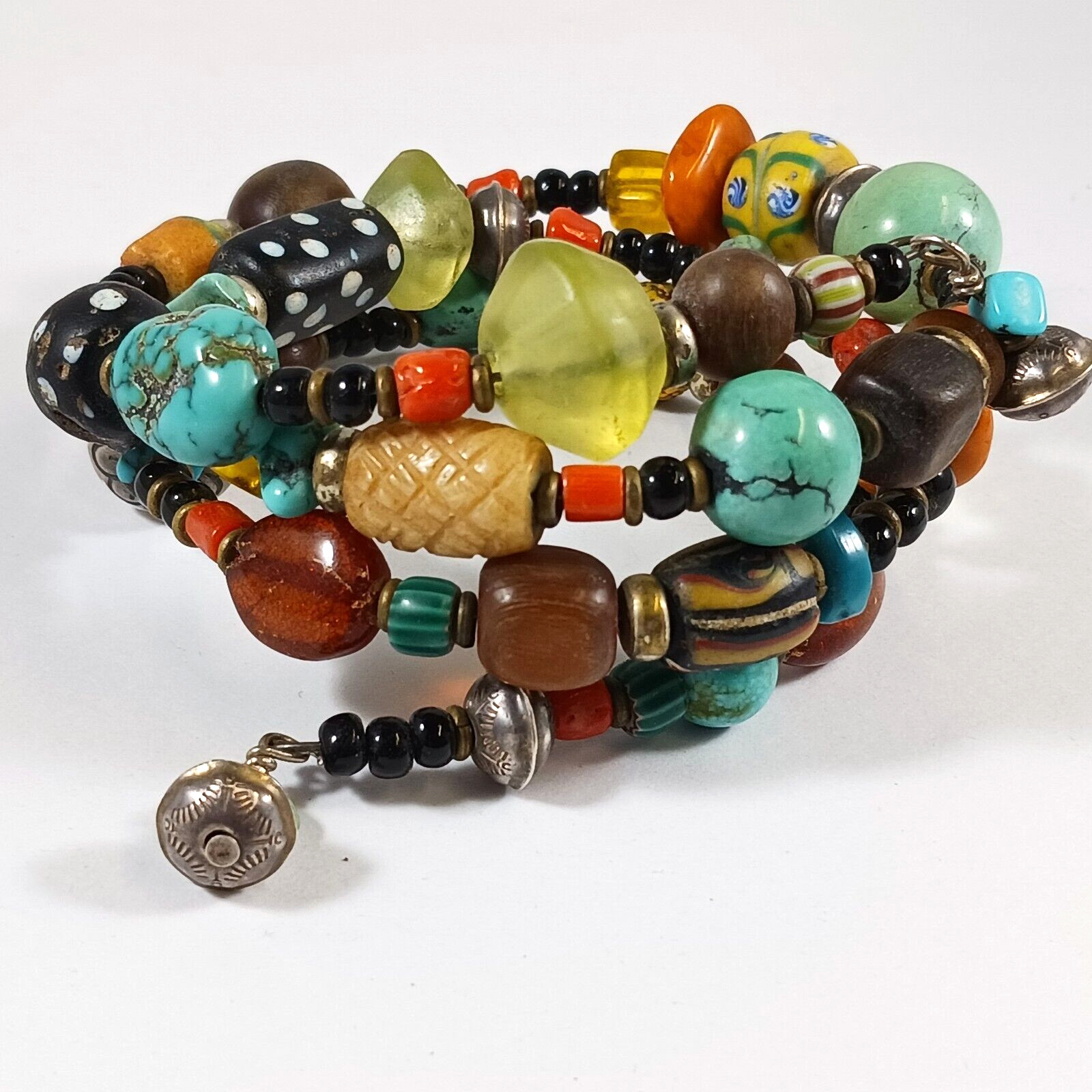Southwest Bracelet Earrings Sterling Turquoise Amber Trade Beads Coral Vaseline