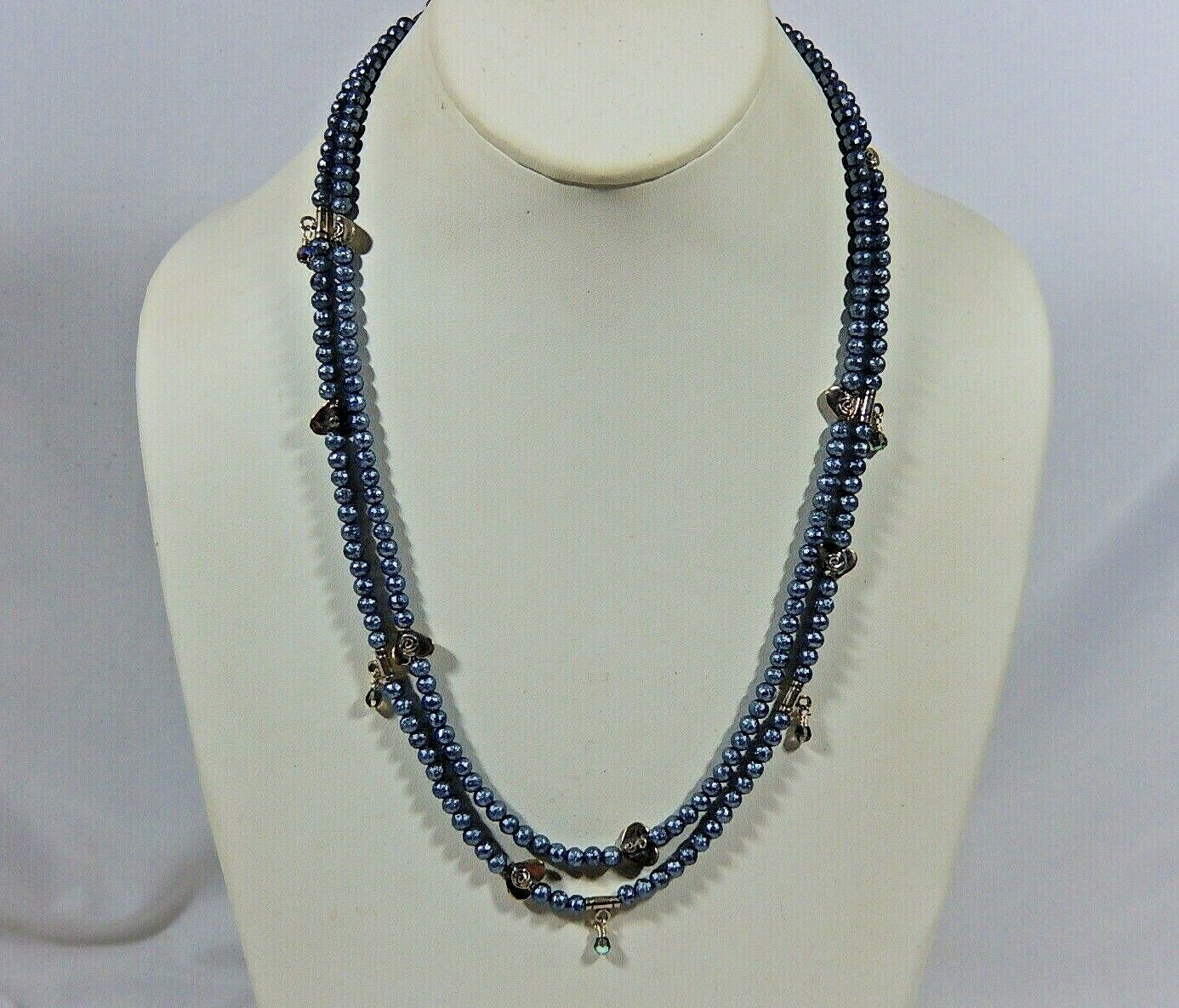 VTG STERLING SILVER 2 STRAND HEART BEAD AND GRAY W CRYSTAL DANGLES NECKLACE 36g