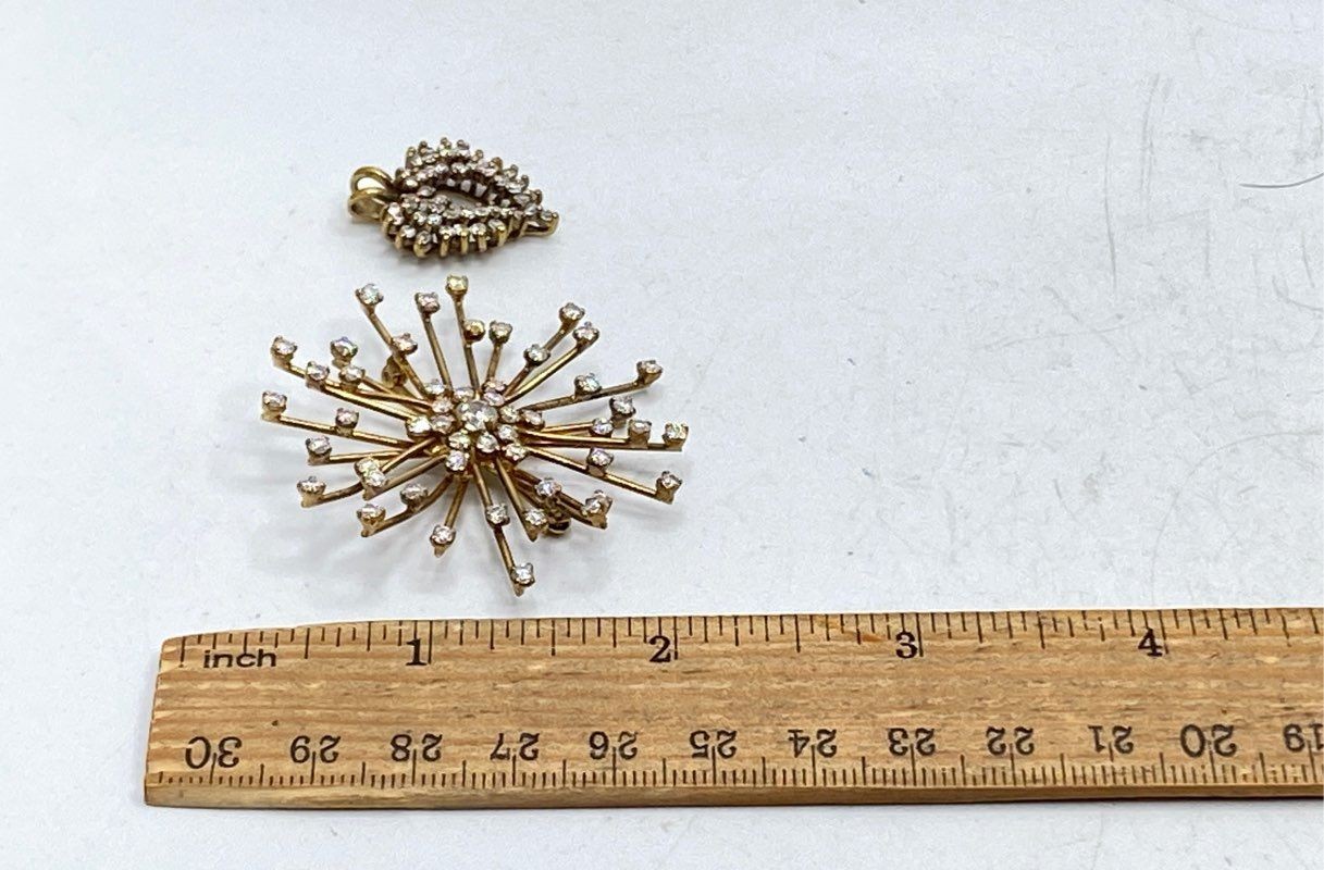 Vintage 925 Sterling Silver Gold Vermeil CZ Starburst Brooch Heart Pendant Set
