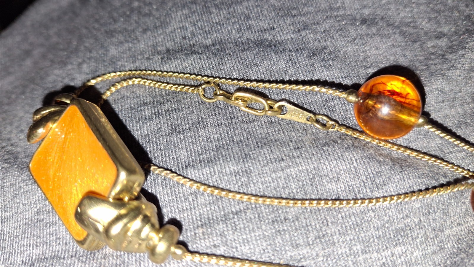 vintage korea gold plate long station necklace amber glass acrylic and enamel