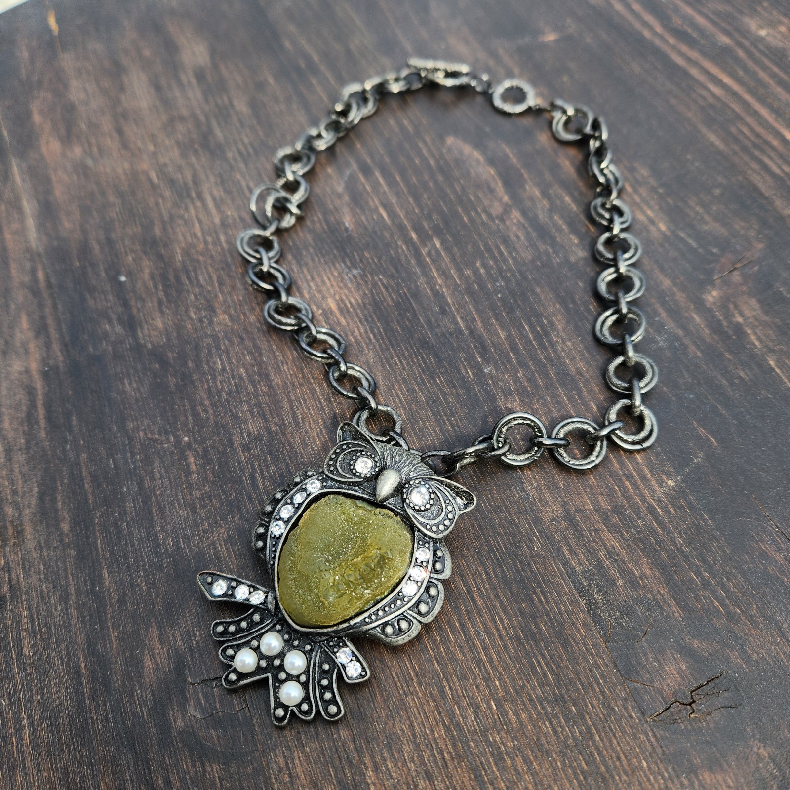 Vintage Semi Precious Uncut Citrine Semi Stone Pearl Gemstone Goth Owl Necklace