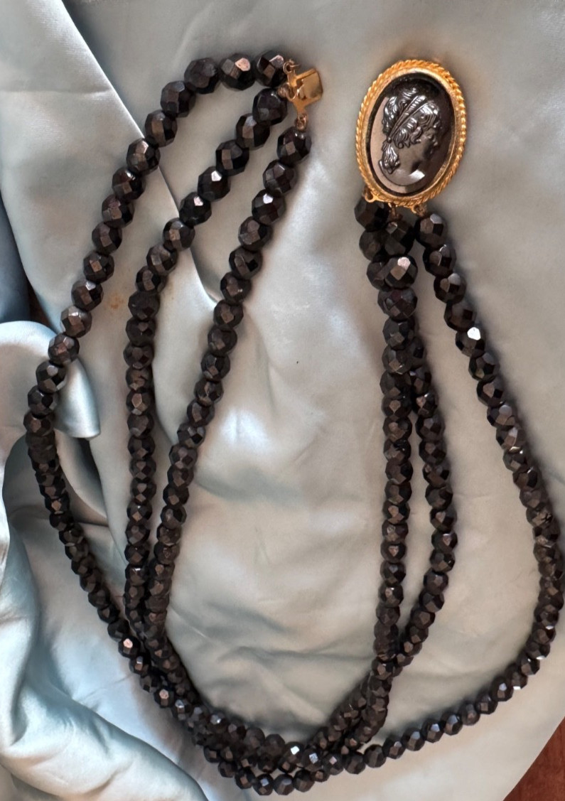 Vintage Necklace THREE STRAND FACETED CRYSTAL BEADS AND HEMATITE OVAL CAMEO 22″