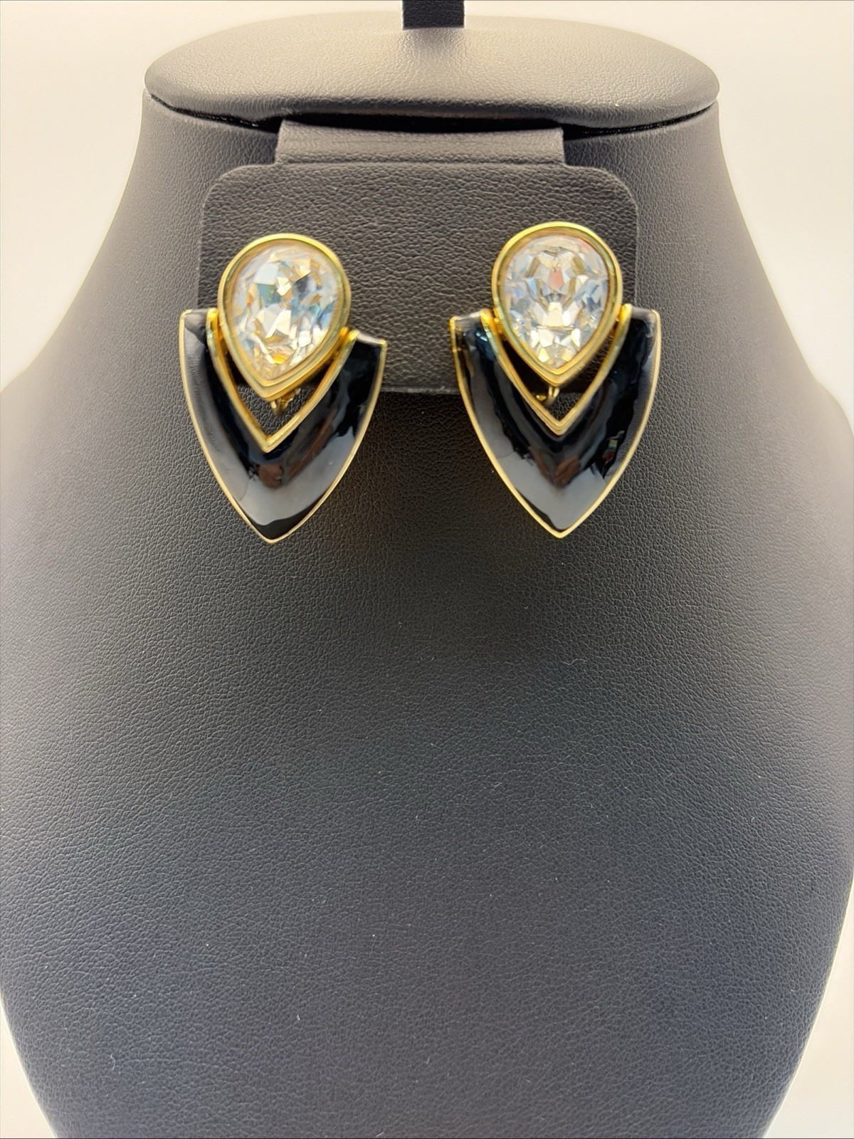 Vintage Swarovski Black Enamel Pear Rhinestone Button Clip On Earrings