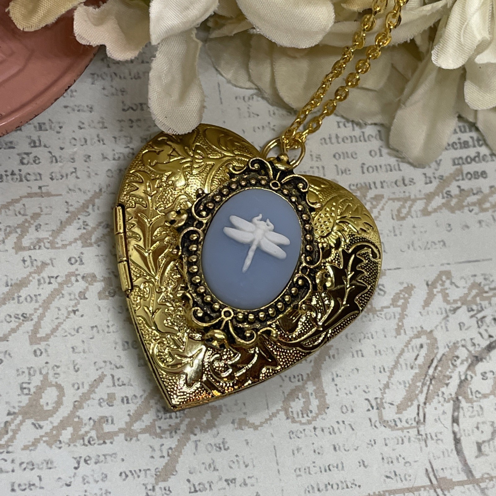 Gold Heart Locket Blue Wht Birthday Anniversary Wedding Dragonfly Cameo Necklace
